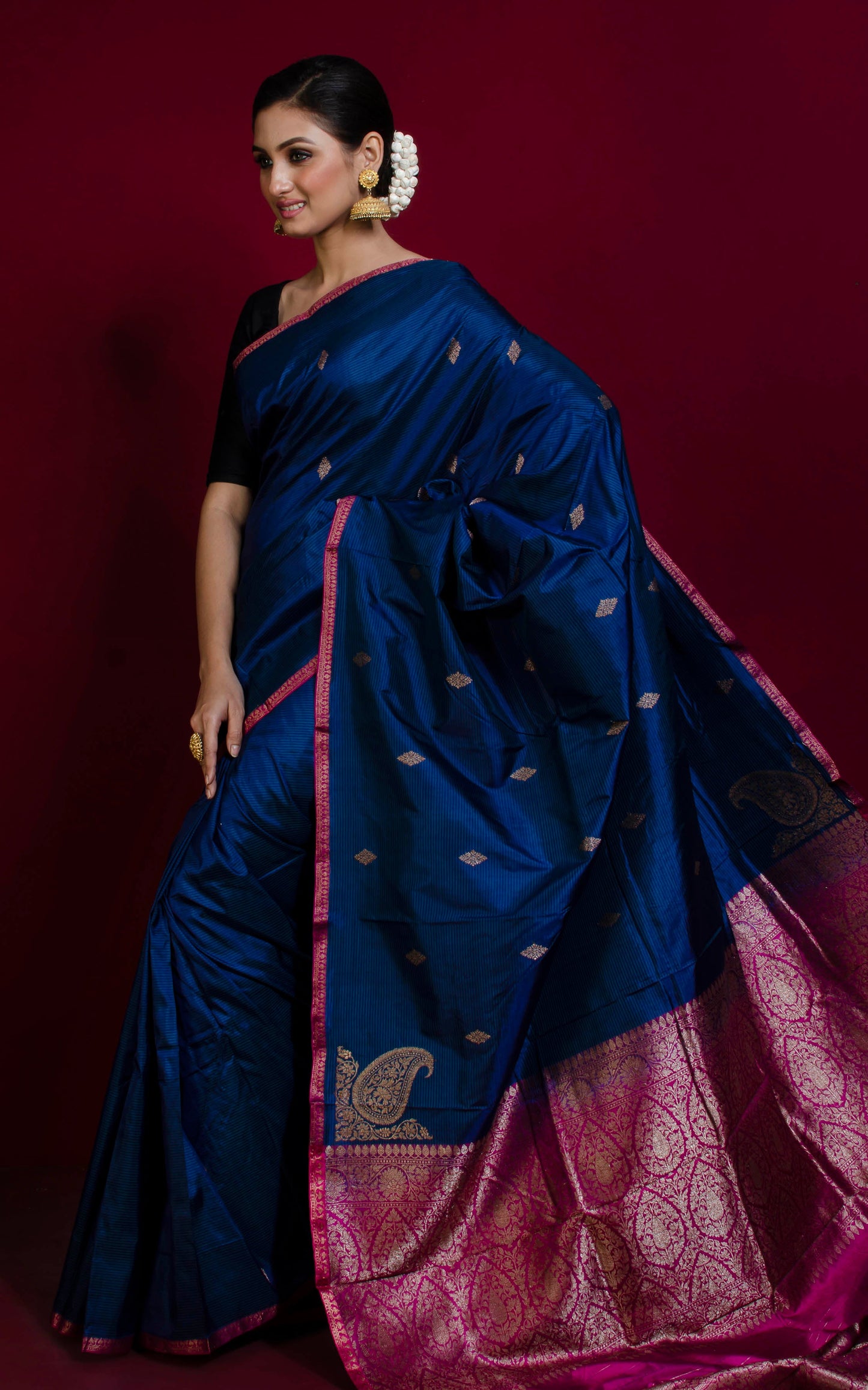 Woven Thread Nakshi Work Koniya Motif Pure Katan Banarasi Silk Saree in Aegean Blue, Magenta and Antique Gold