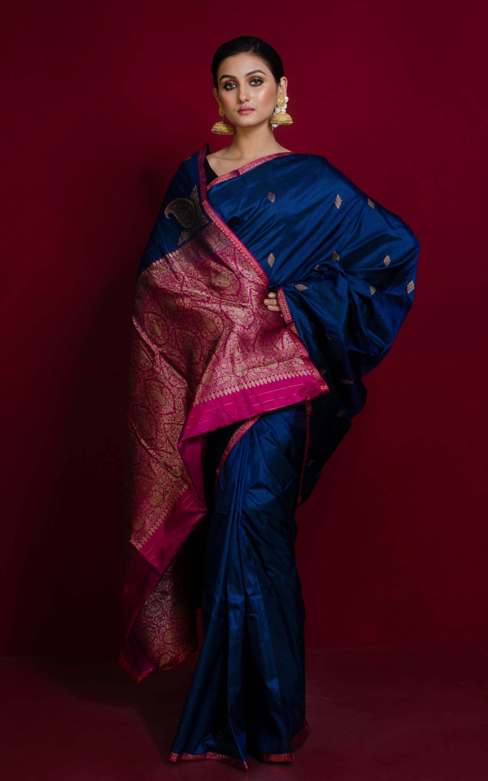 Woven Thread Nakshi Work Koniya Motif Pure Katan Banarasi Silk Saree in Aegean Blue, Magenta and Antique Gold