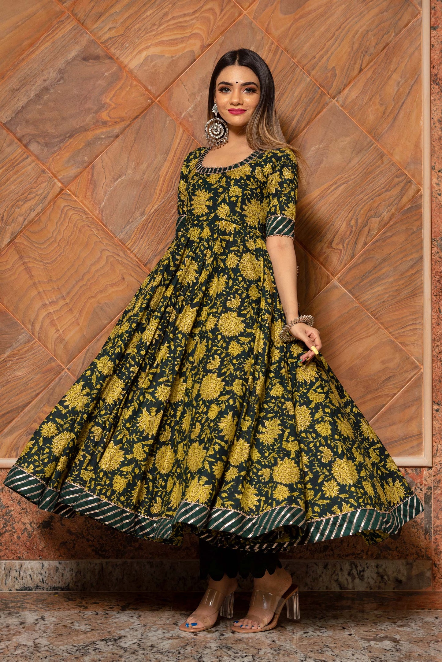 Ganguar Idika Green Hand Block Anarkali Set