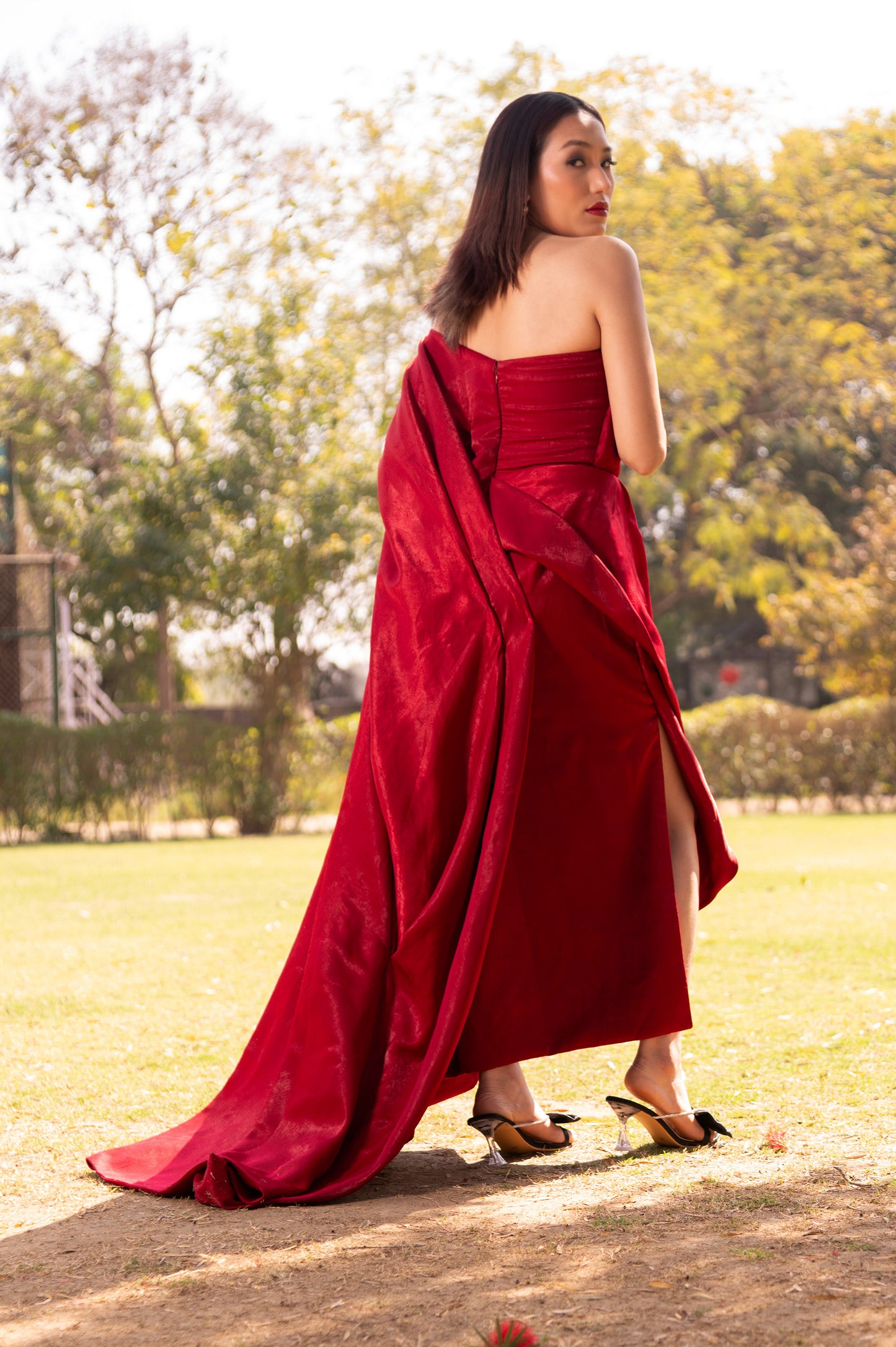 Red Rose Milano Satin Party Wear Gown