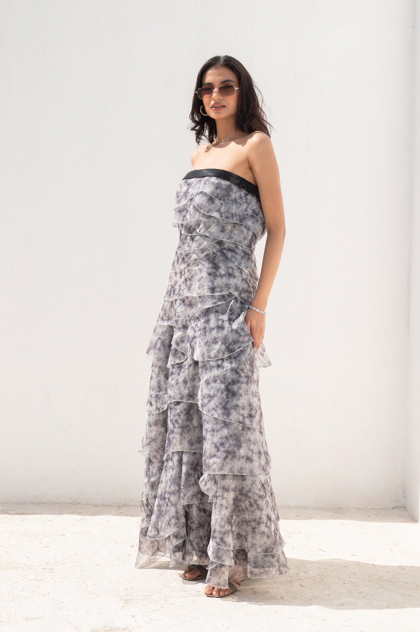 Mist flower Off White Organza Ruffled Dress