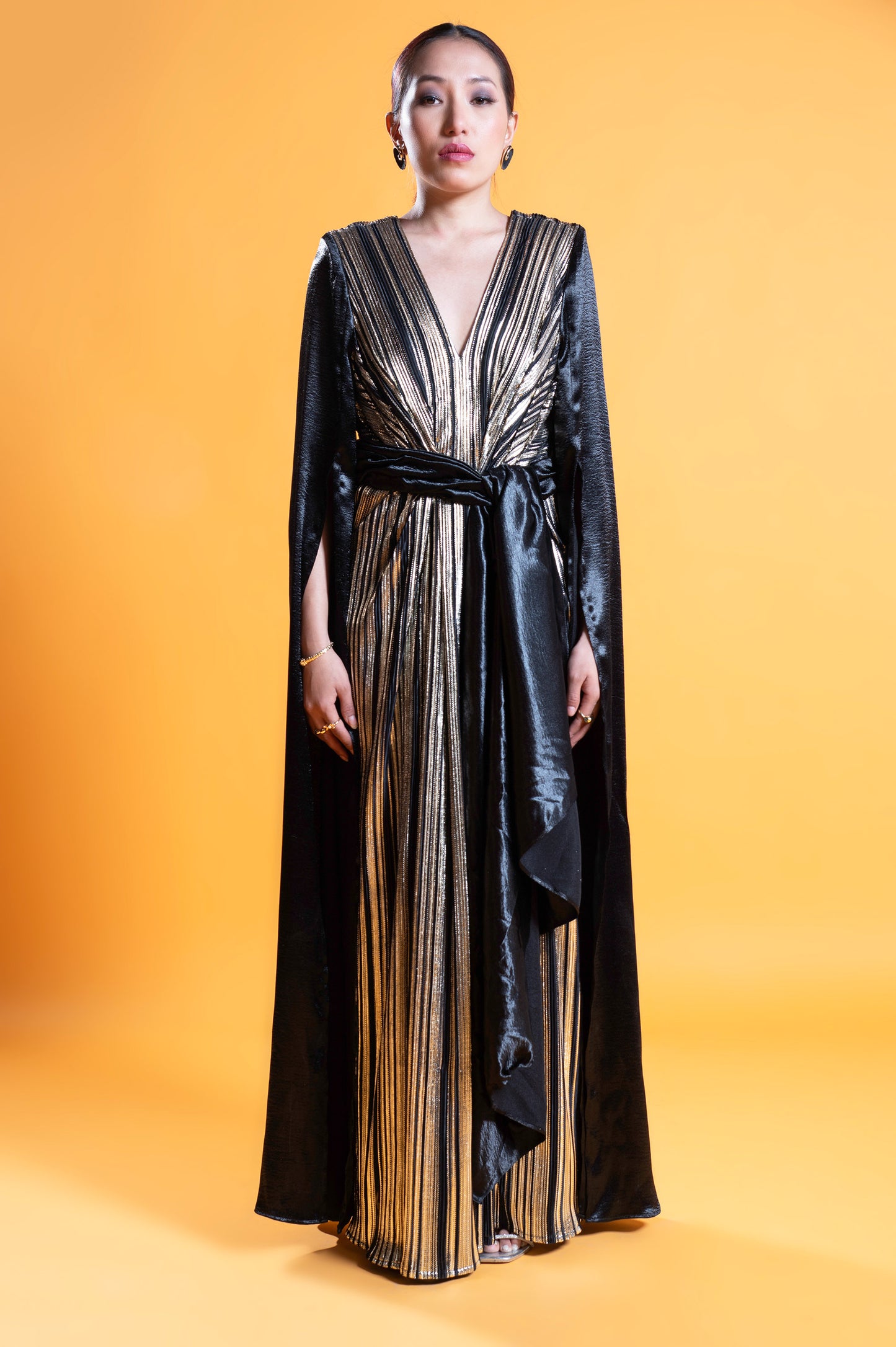 Black & Marigold Noir Satin Designer Gown