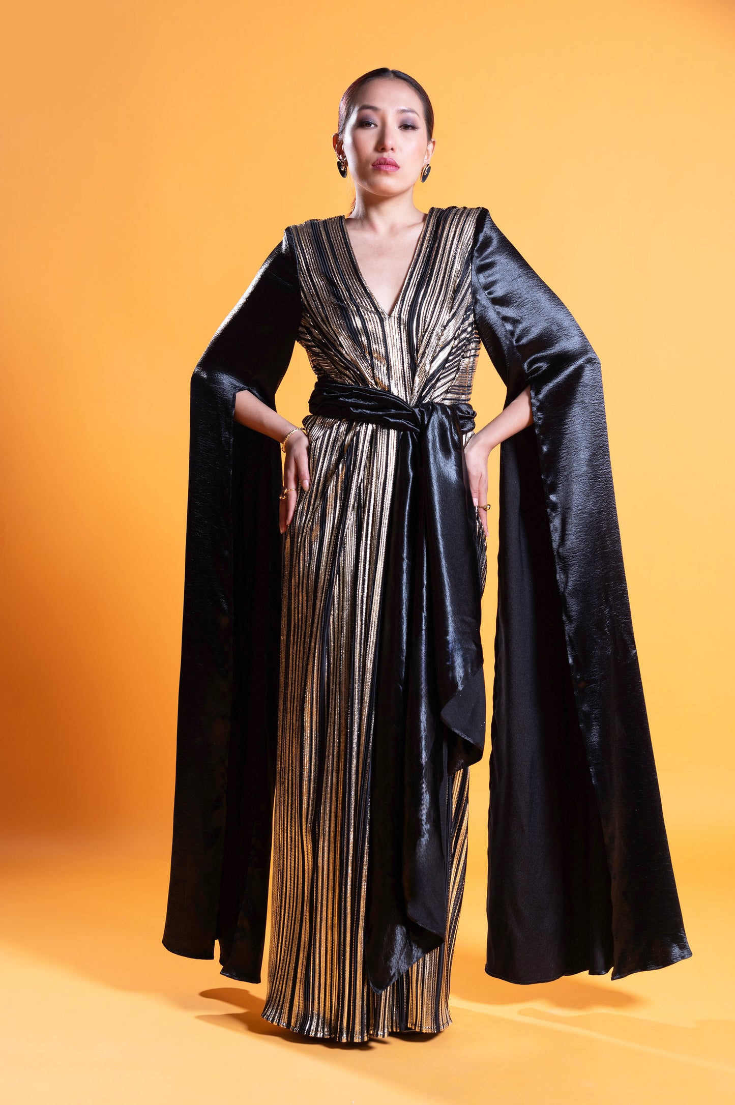 Black & Marigold Noir Satin Designer Gown