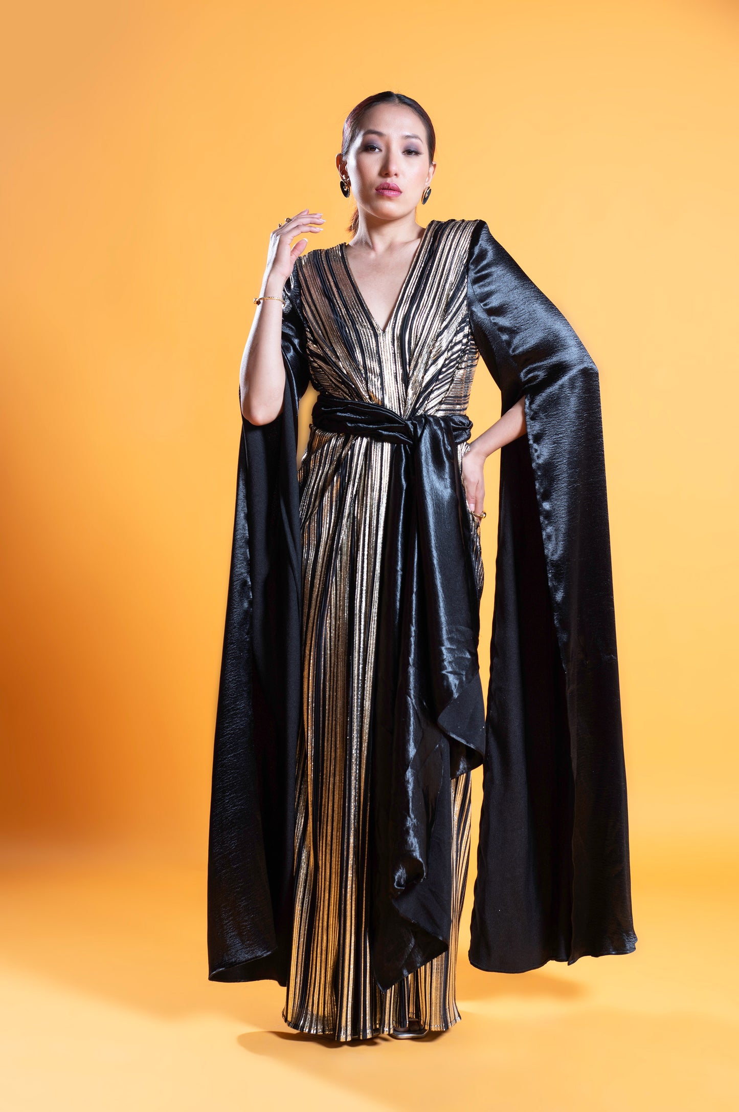 Black & Marigold Noir Satin Designer Gown