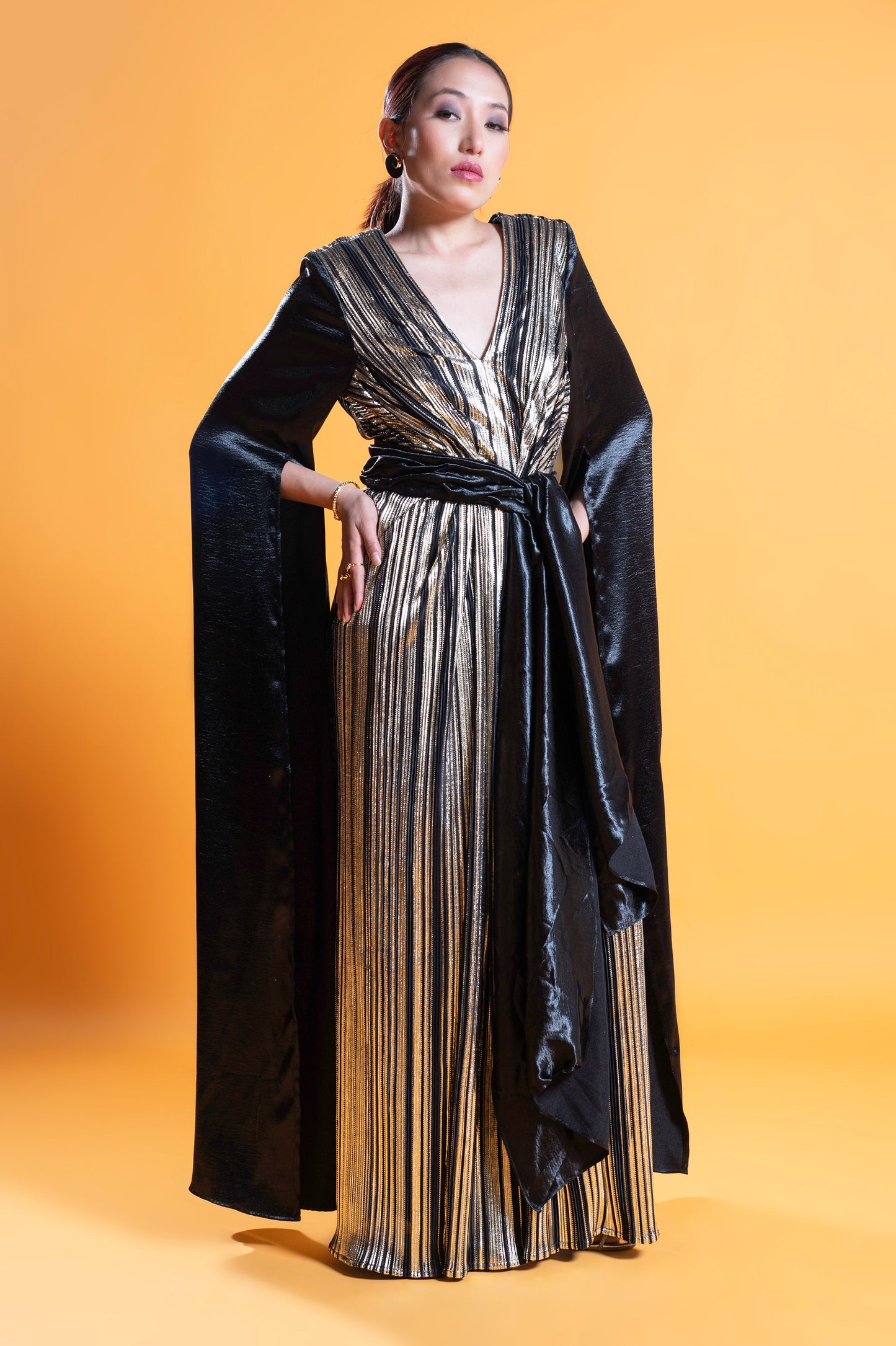 Black & Marigold Noir Satin Designer Gown