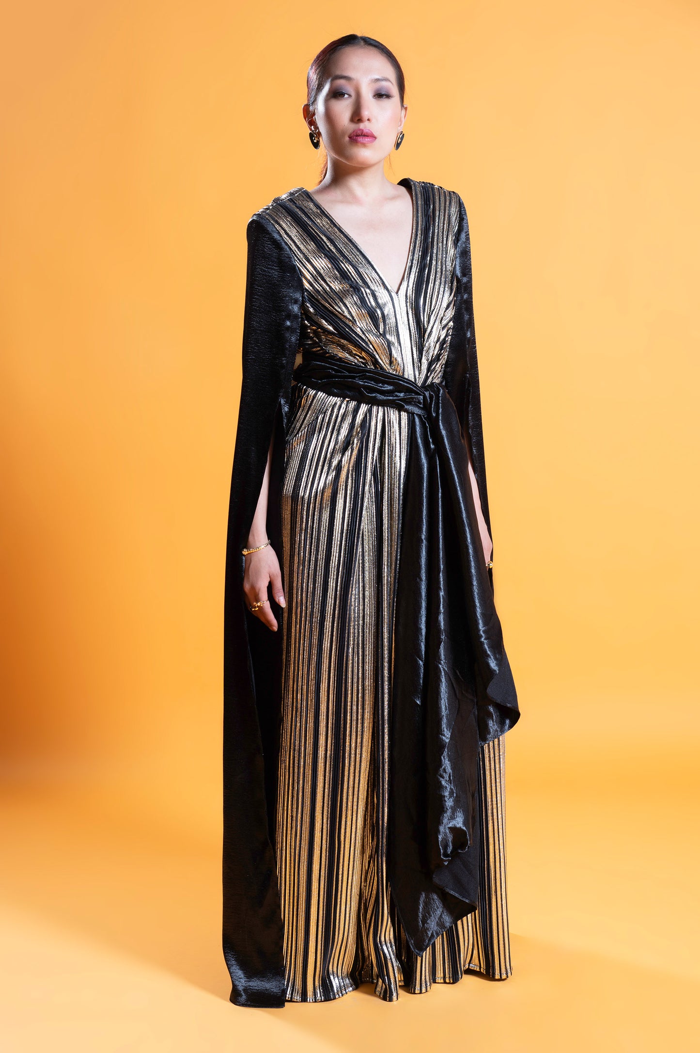 Black & Marigold Noir Satin Designer Gown
