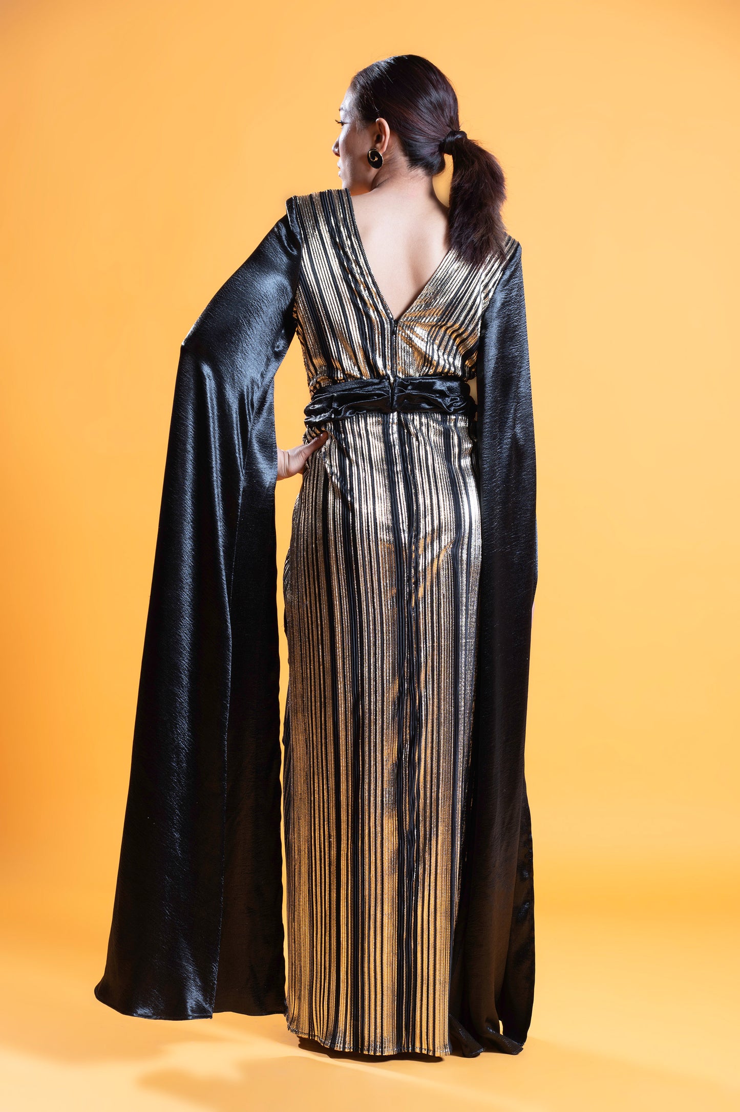 Black & Marigold Noir Satin Designer Gown