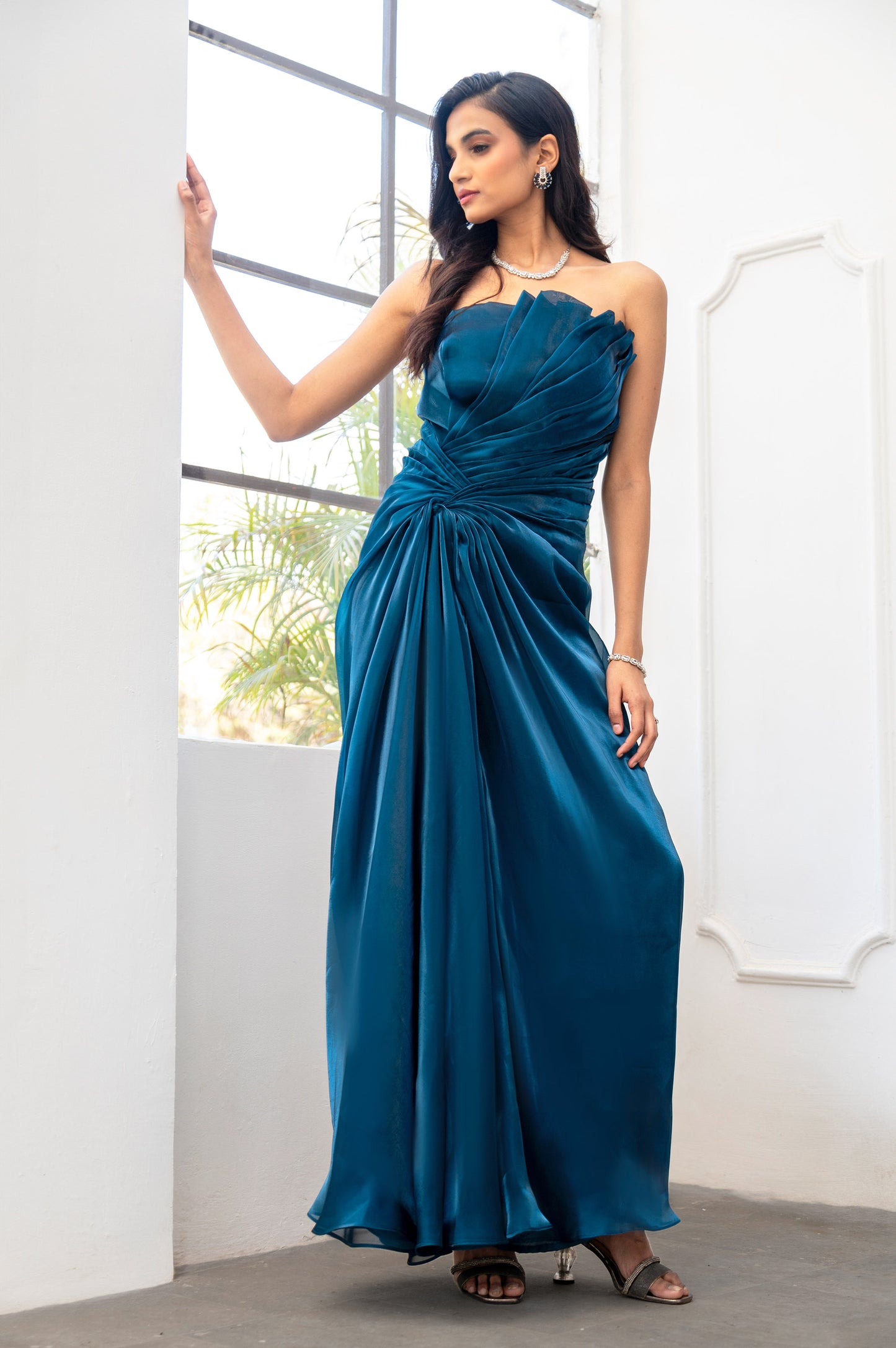 Iris Teal Glass Organza Party Wear Gown