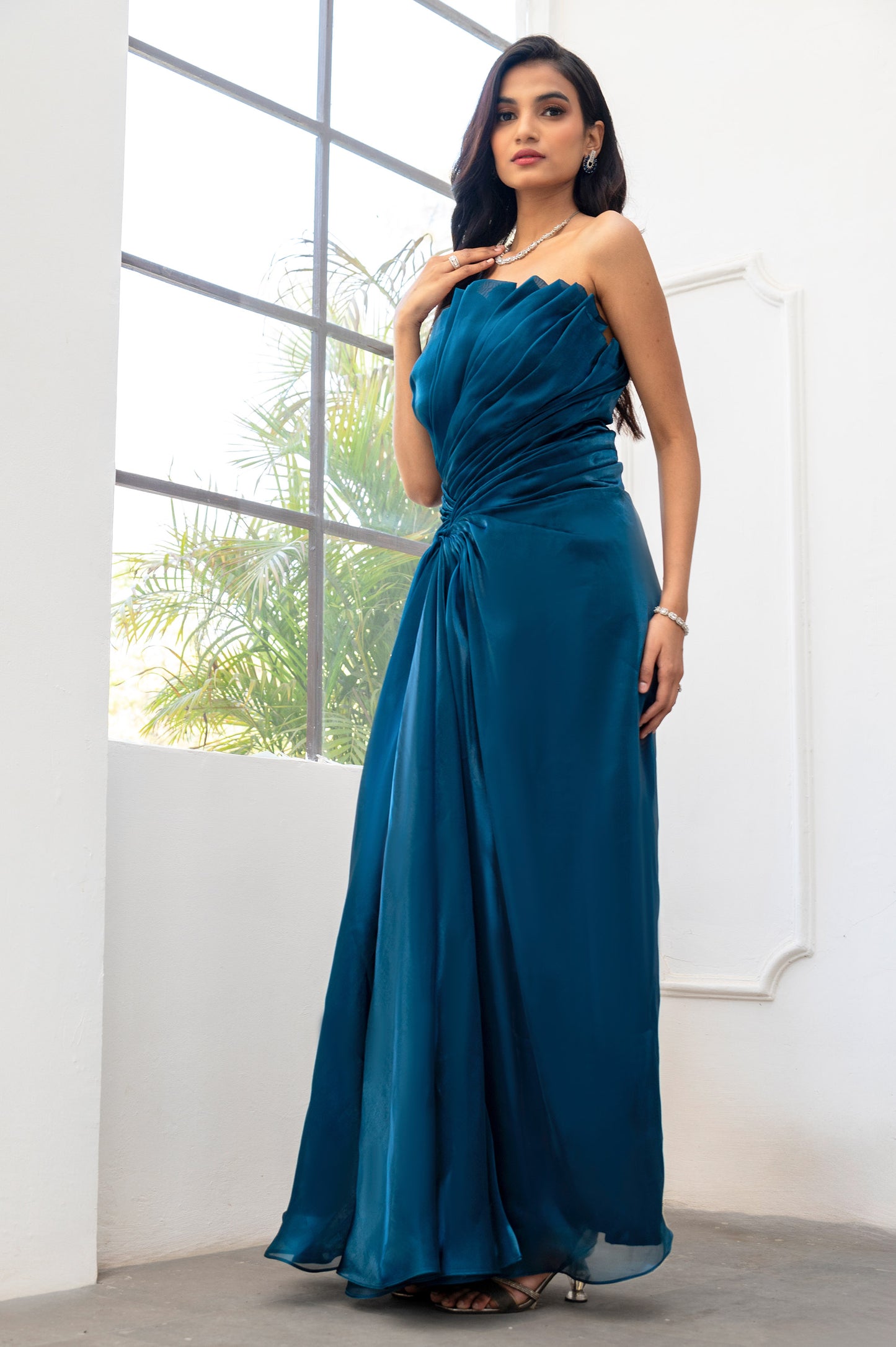 Iris Teal Glass Organza Party Wear Gown