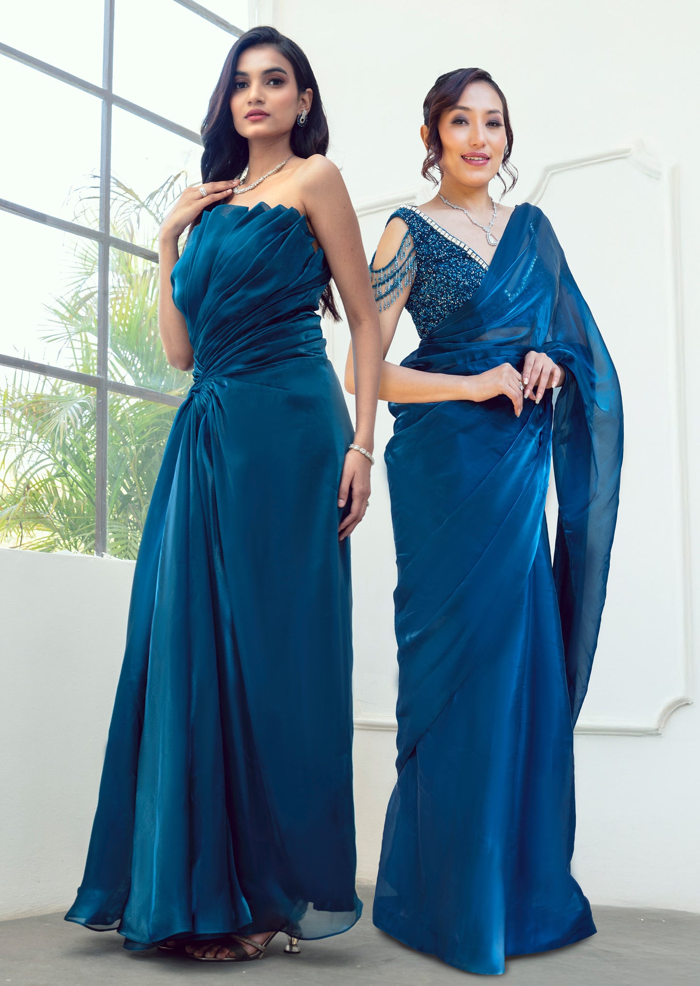 Iris Teal Glass Organza Party Wear Gown