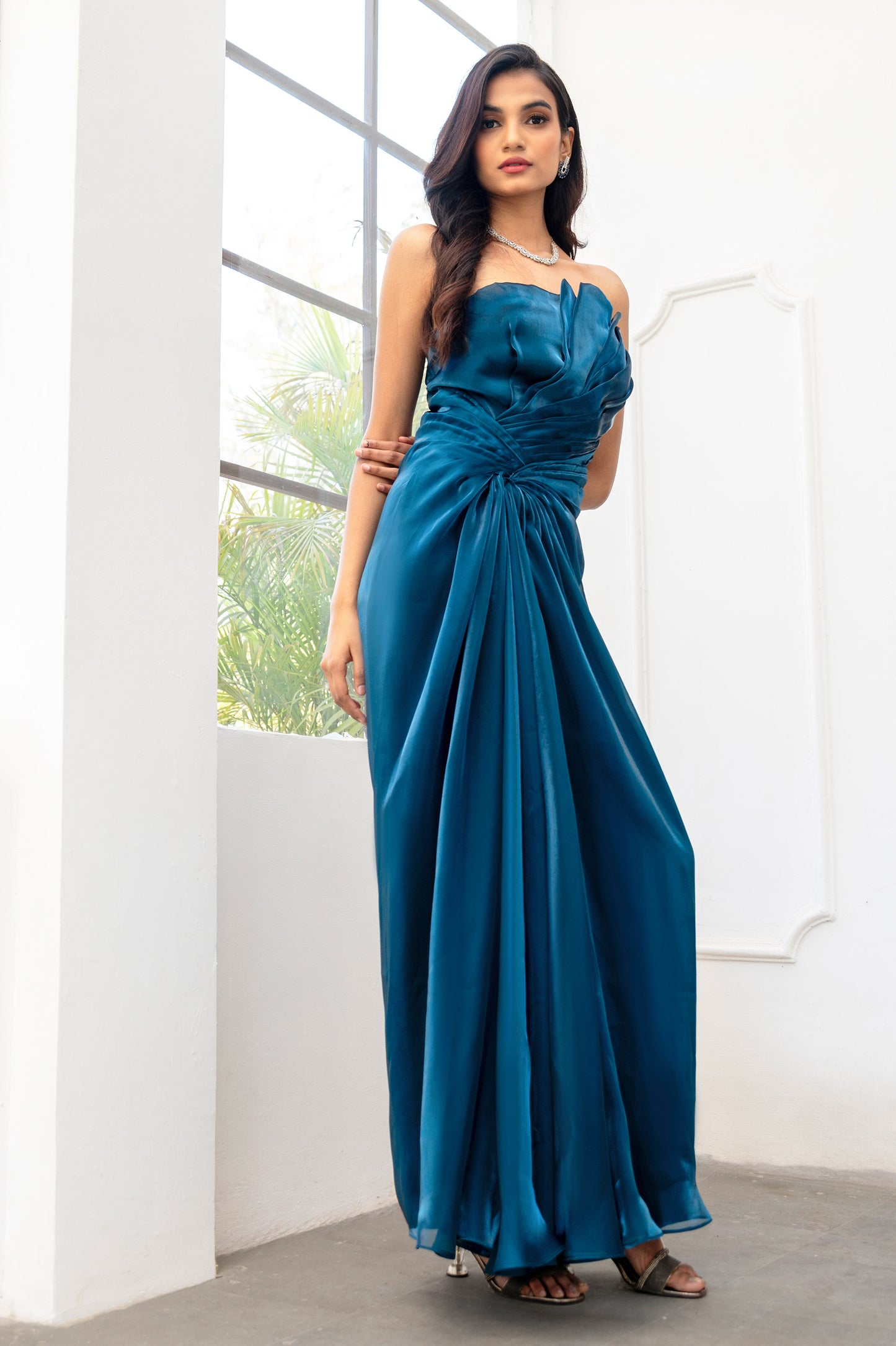 Iris Teal Glass Organza Party Wear Gown