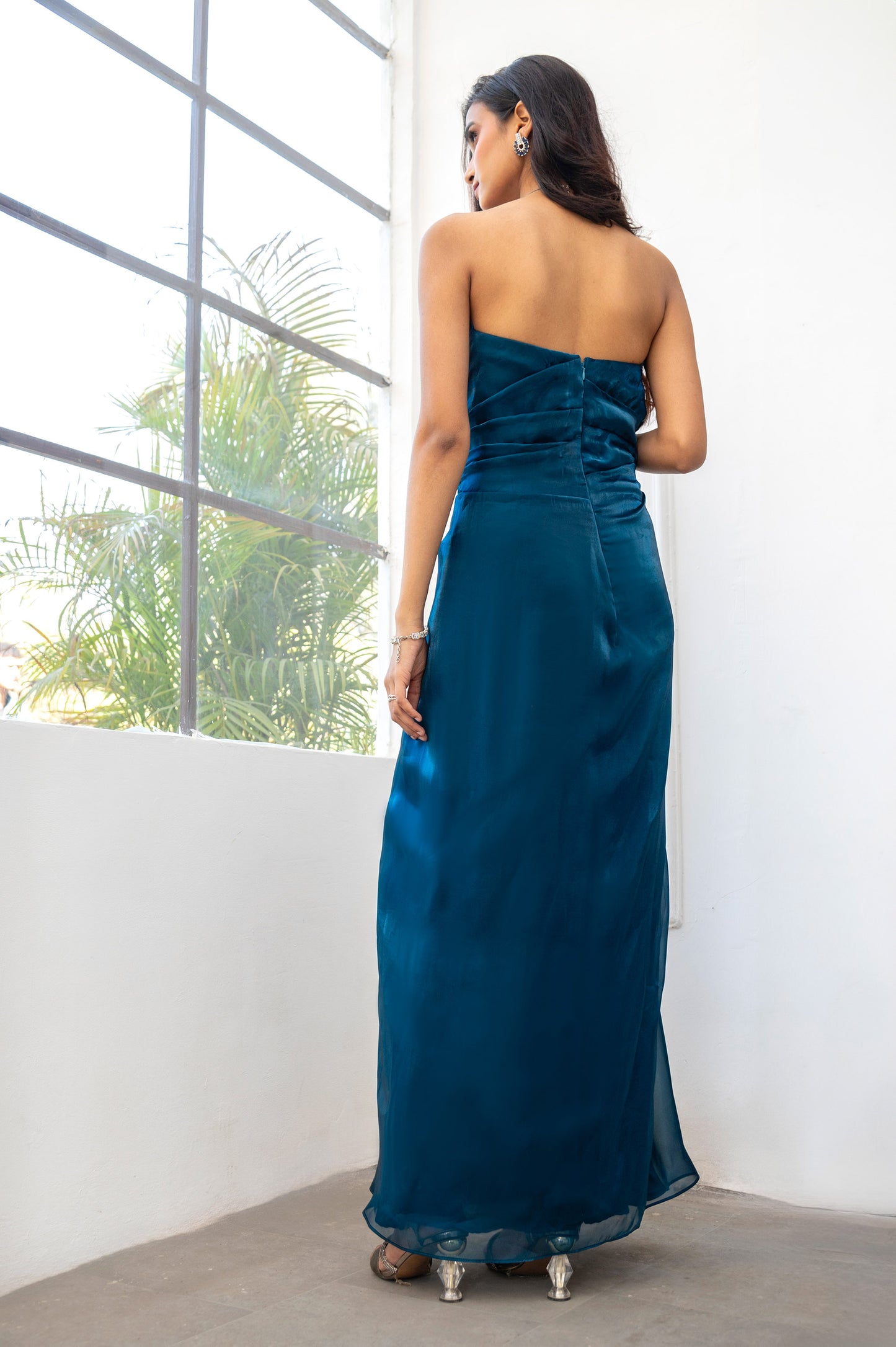 Iris Teal Glass Organza Party Wear Gown