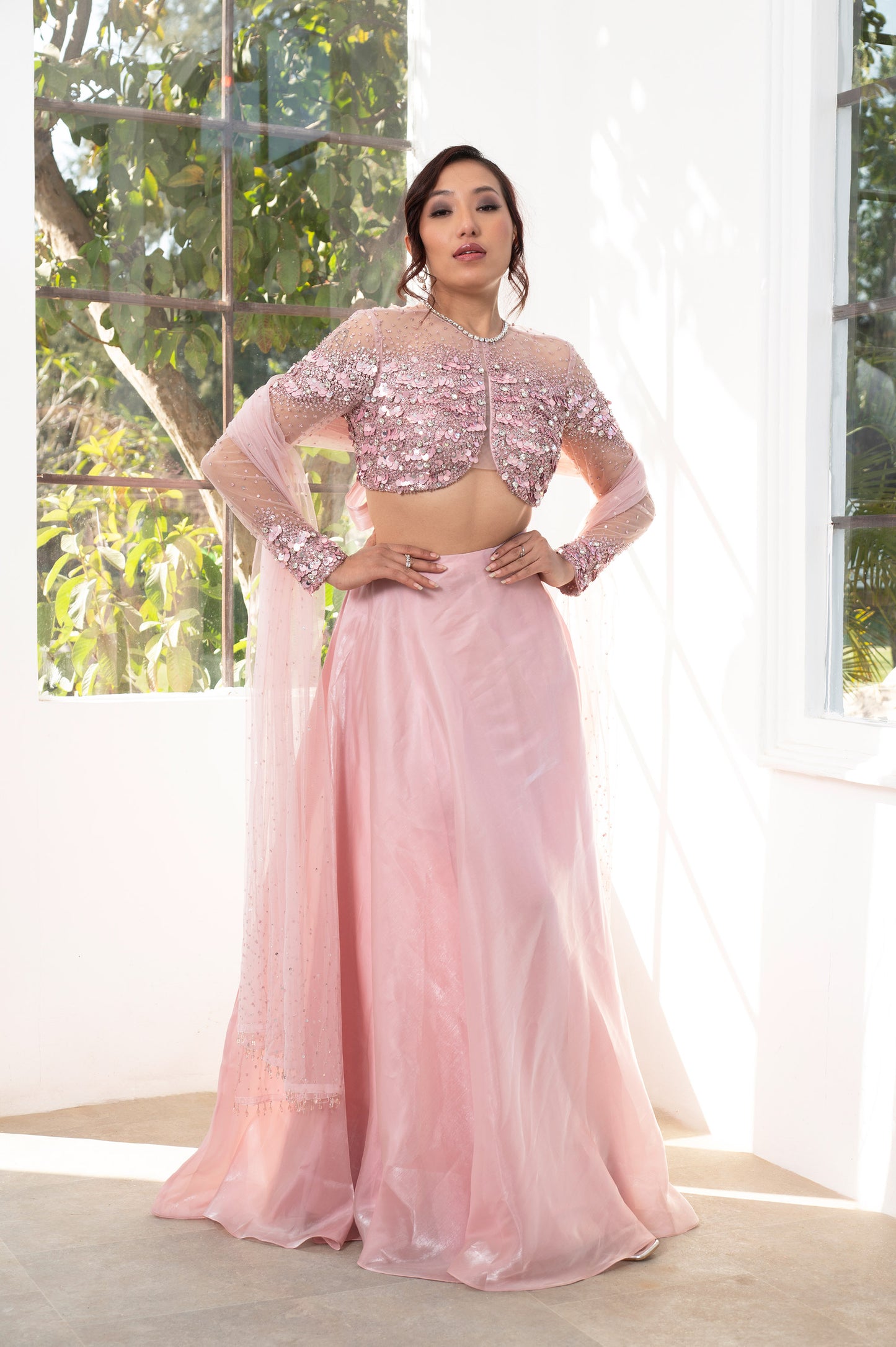 Petal Blush Pink Satin Hand Embroidered Bridesmaid Set