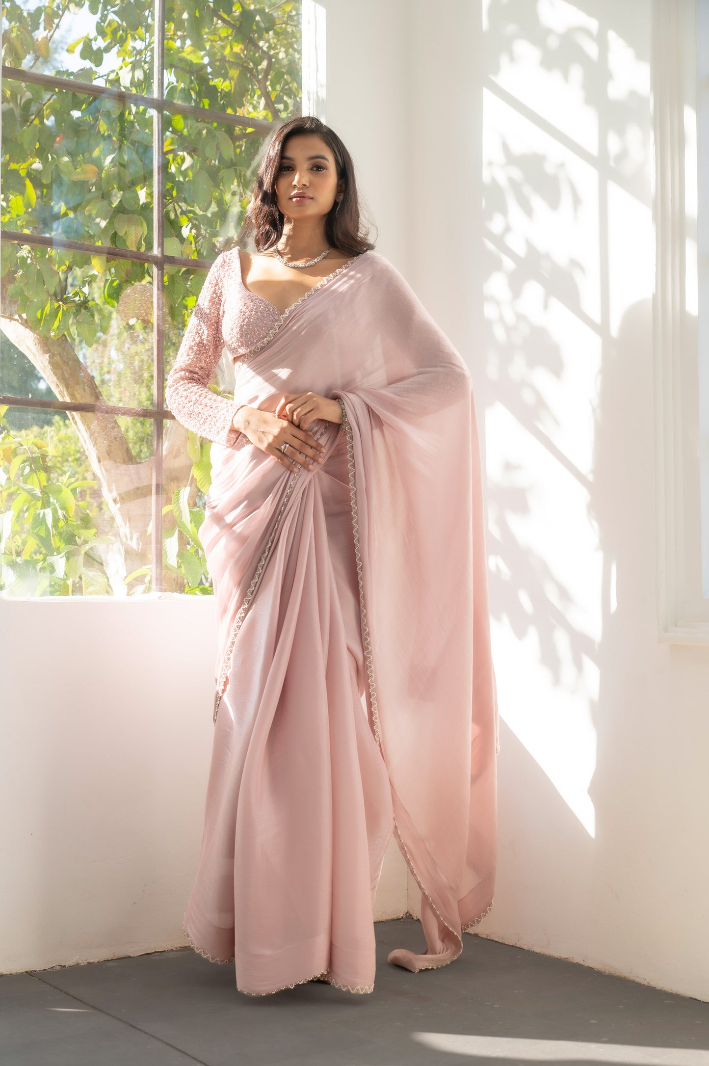 Peony Pink Satin Designer Saree