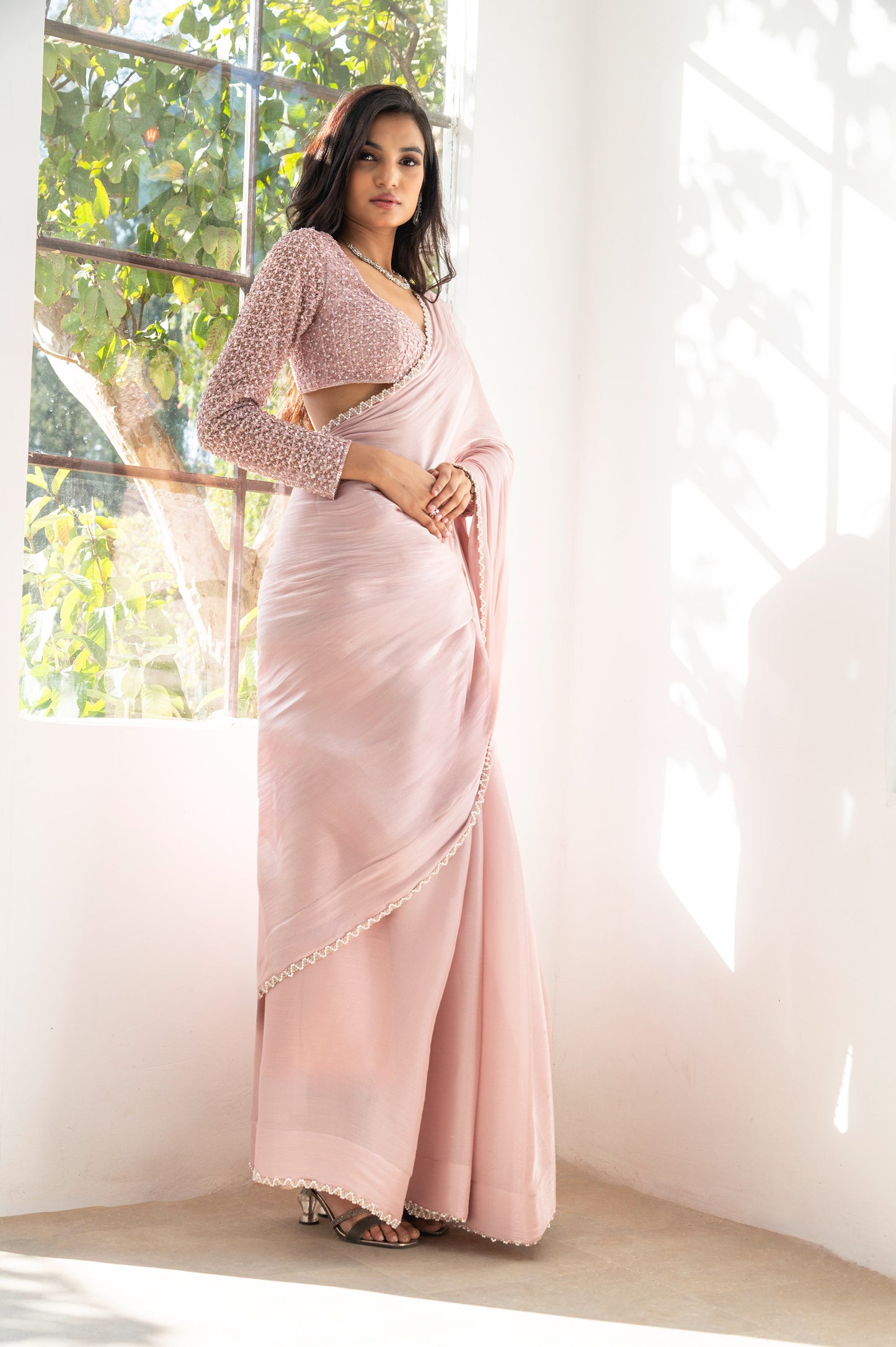Peony Pink Satin Designer Saree