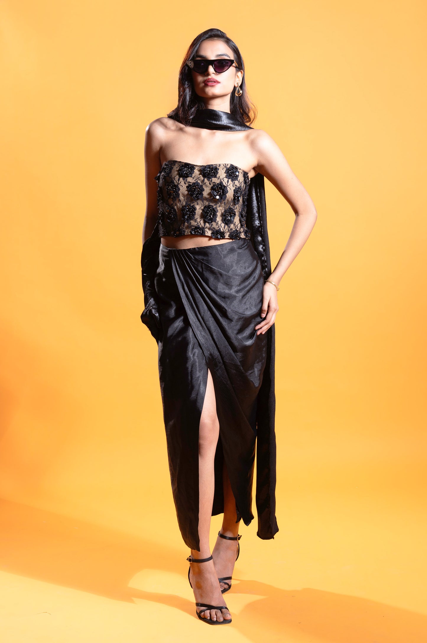 Black Satin Dahlia Party Wear Set