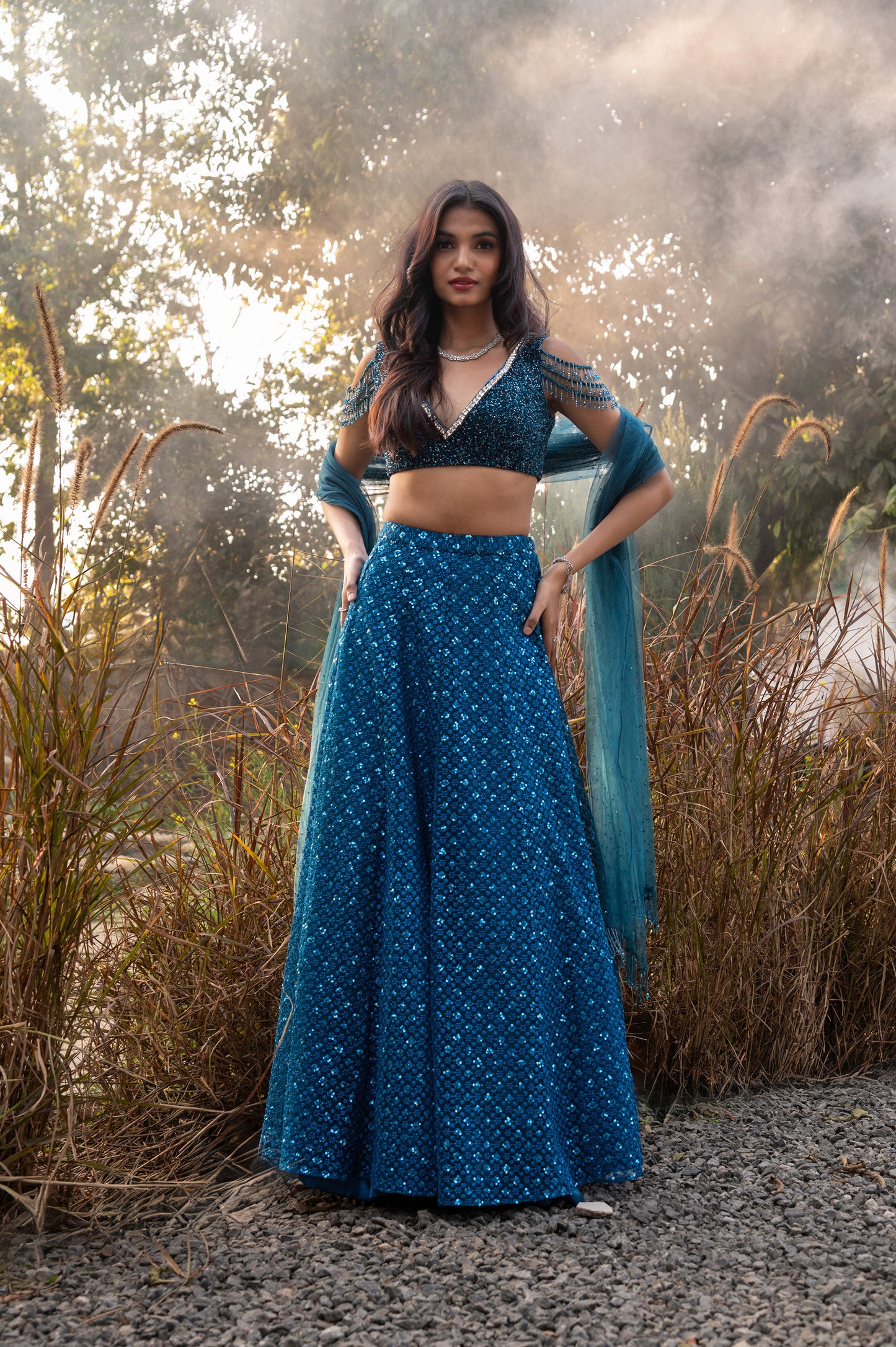 Aster Teal Blue Tulle Designer Lehenga Set