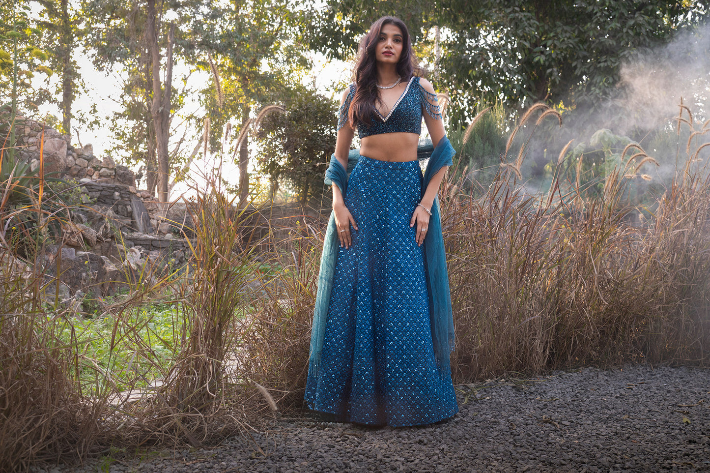 Aster Teal Blue Tulle Designer Lehenga Set