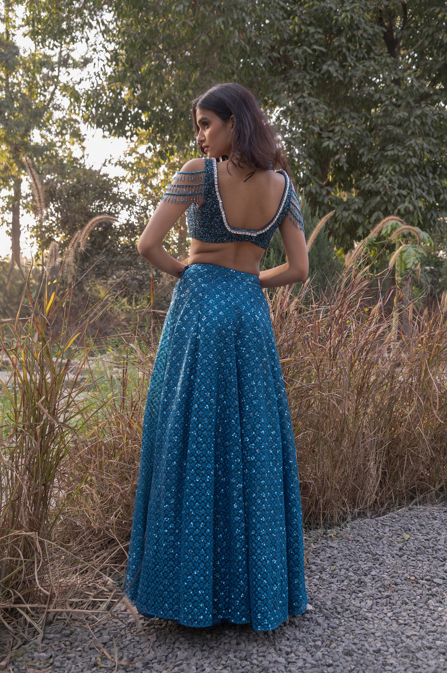 Aster Teal Blue Tulle Designer Lehenga Set
