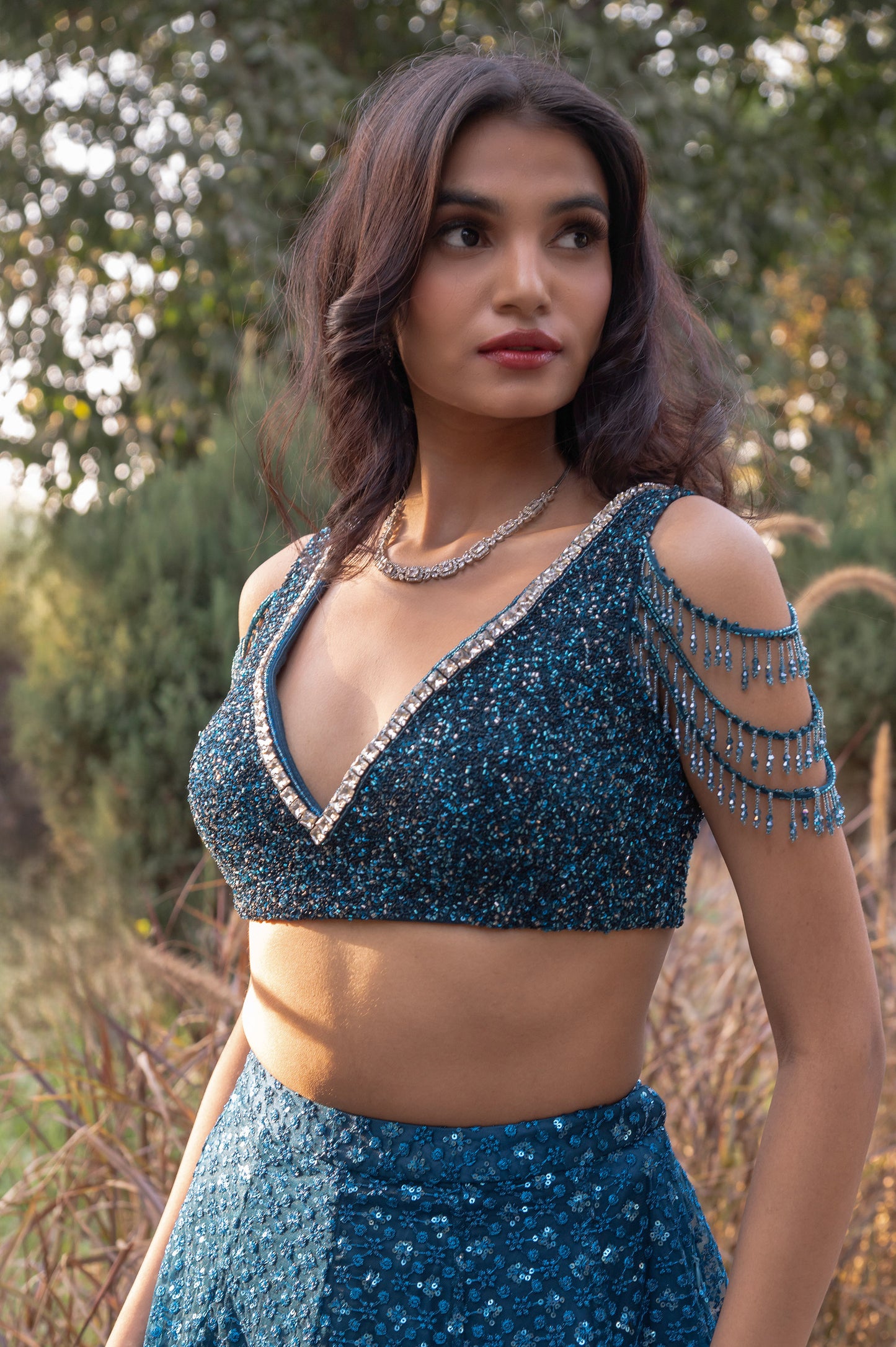 Aster Teal Blue Tulle Designer Lehenga Set