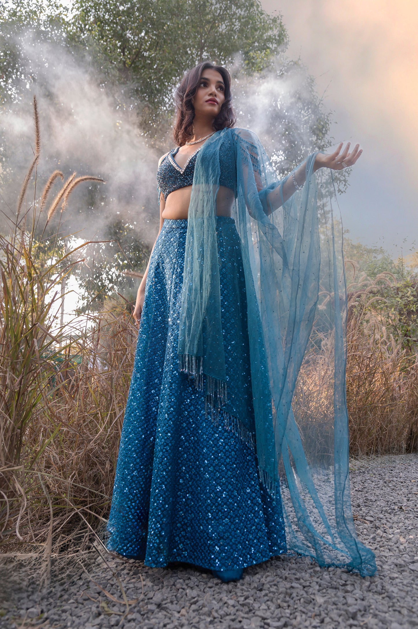 Aster Teal Blue Tulle Designer Lehenga Set