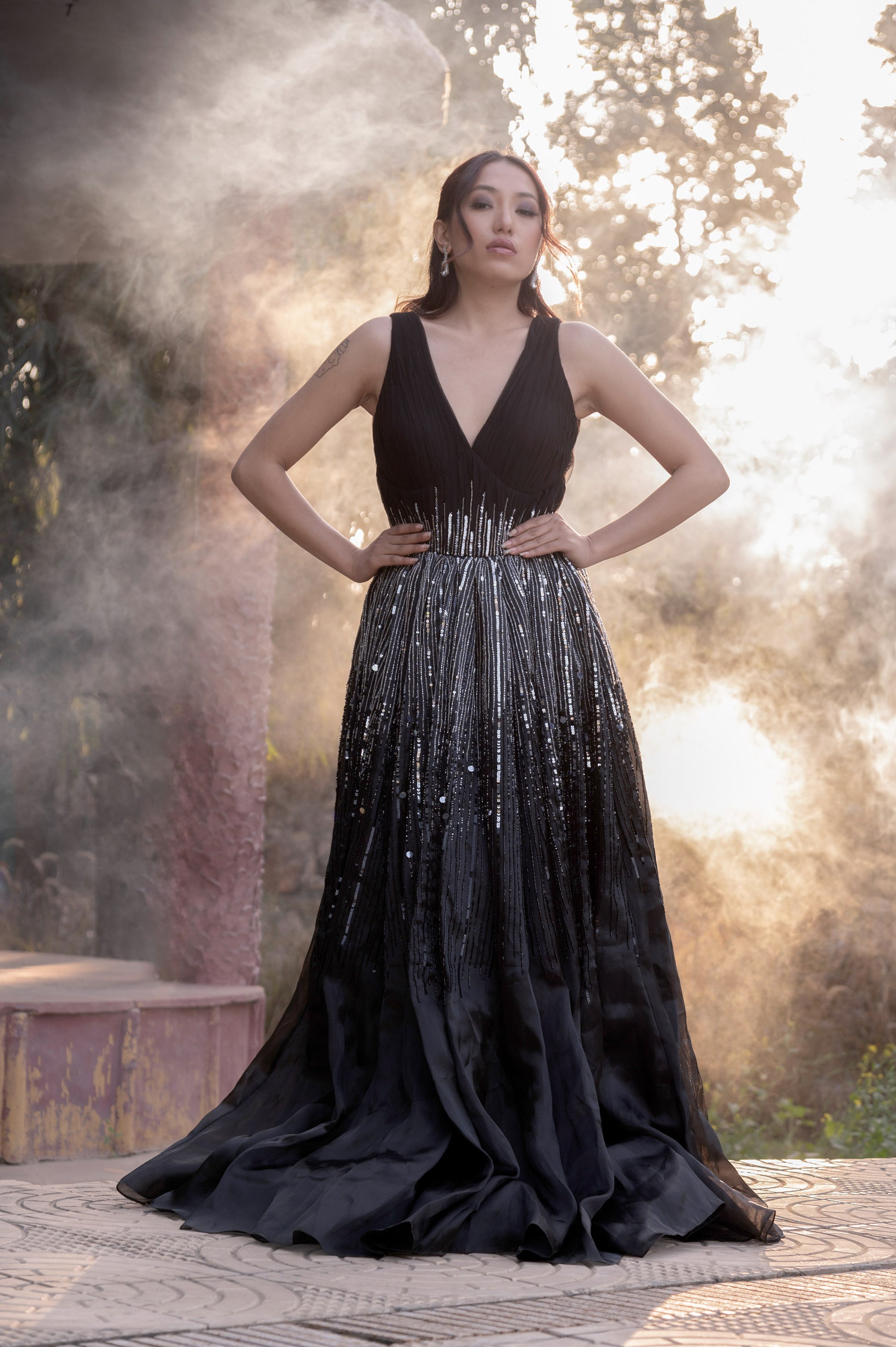 Nightshade Black Satin & Organza Sangeet Gown – Mohi fashion Nightshade Black Satin & Organza Sangeet Gown – Mohi fashion