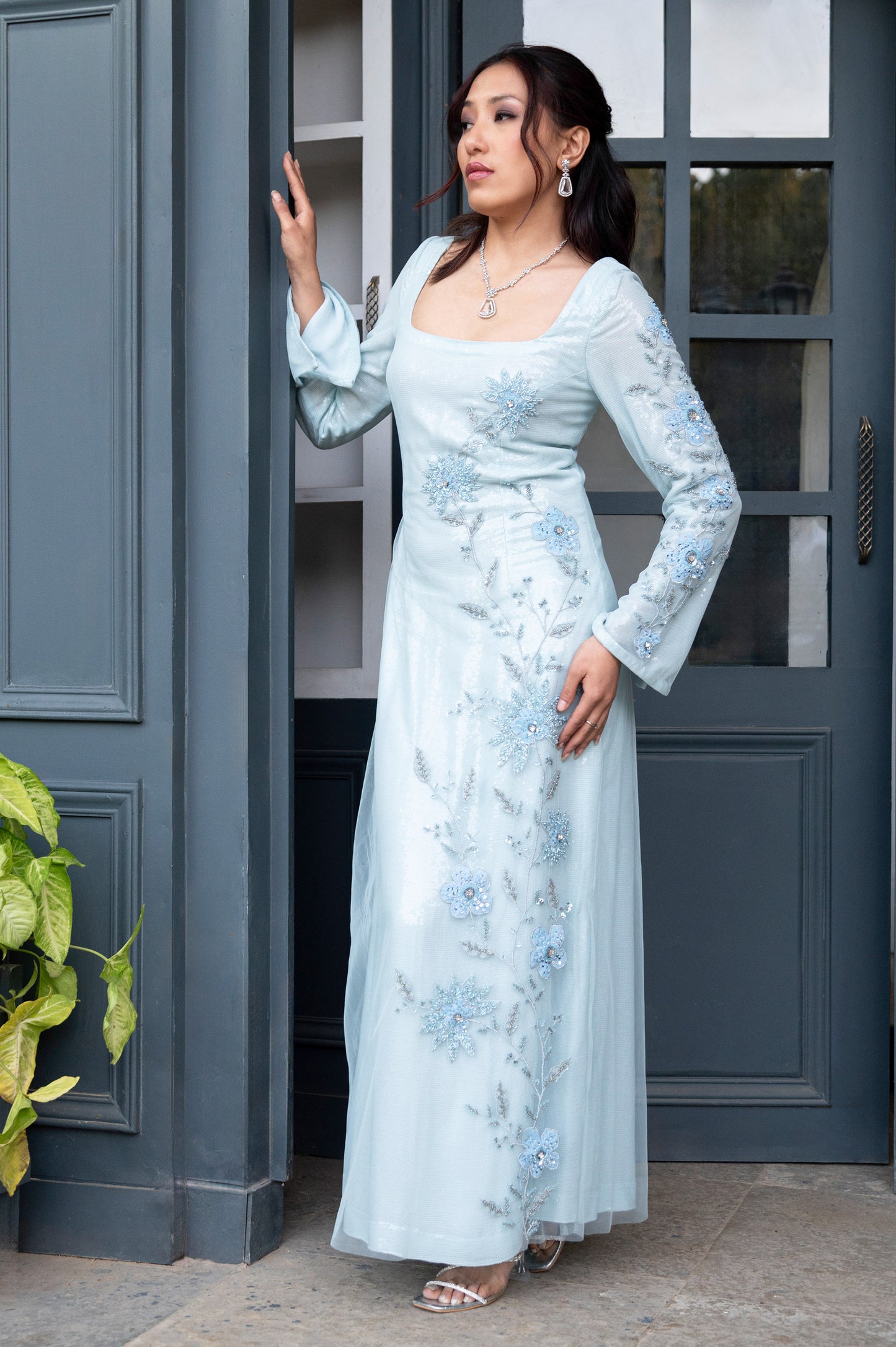 Wisteria Ice Blue Tulle Designer Gown
