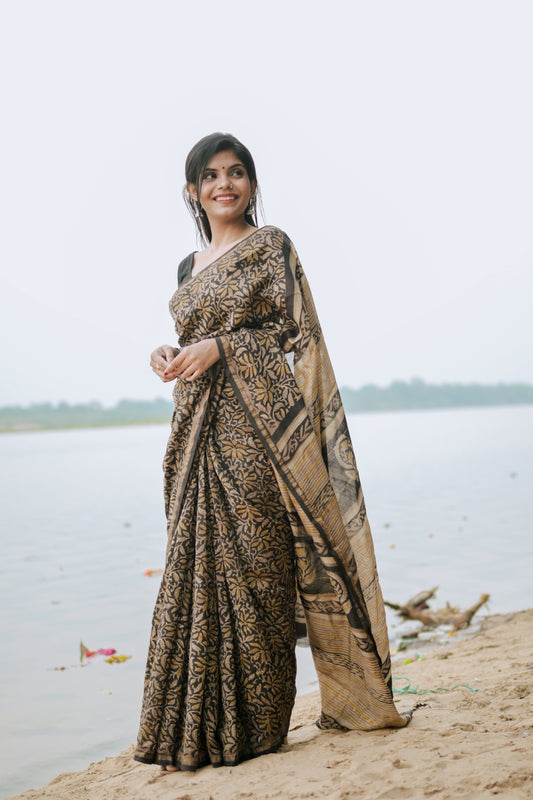 Kanishka - Black Ajhrakh Natural Dyes Handblock Printed - Chanderi Silk Saree