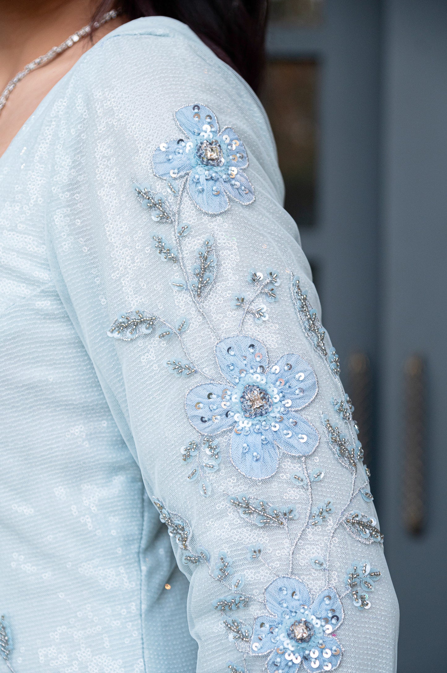 Wisteria Ice Blue Tulle Designer Gown