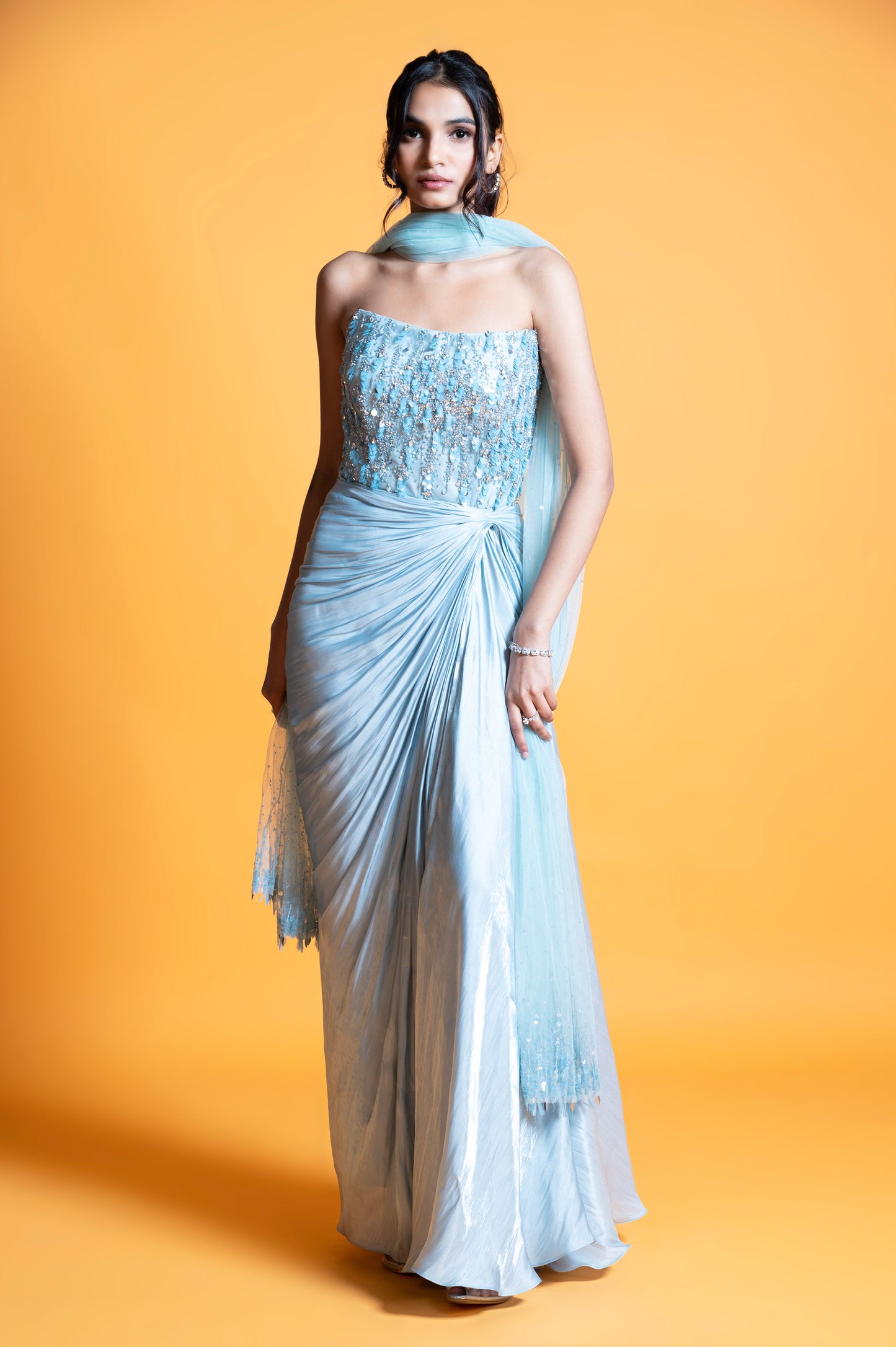Hydrangea Ice Blue Satin Sangeet Gown