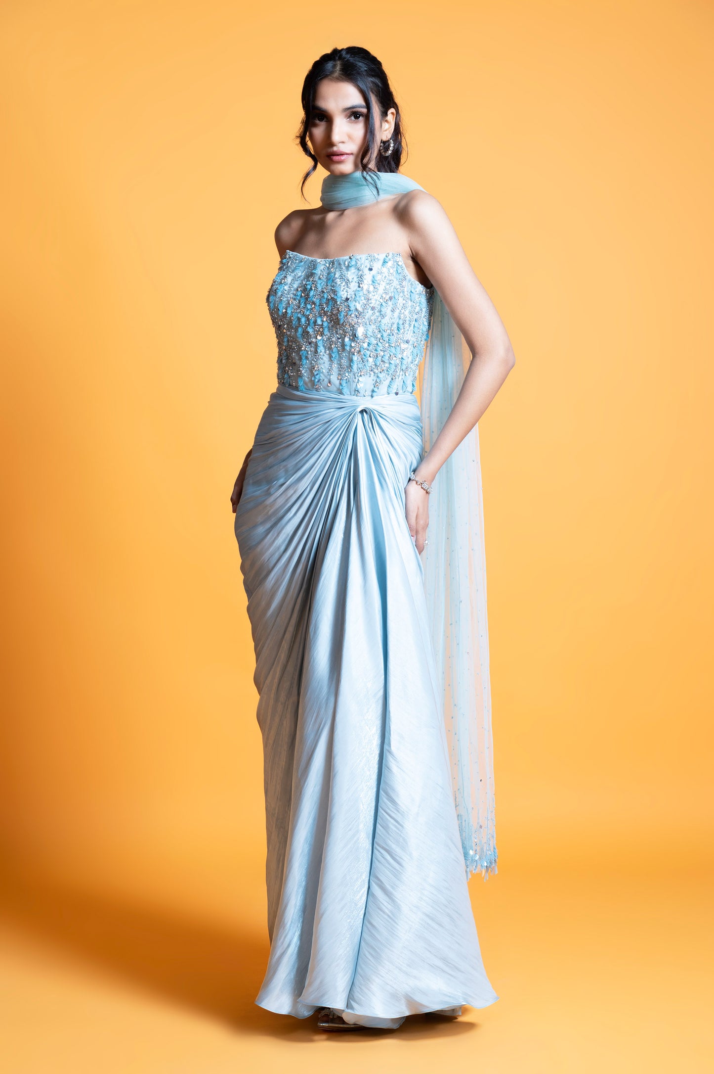 Hydrangea Ice Blue Satin Sangeet Gown