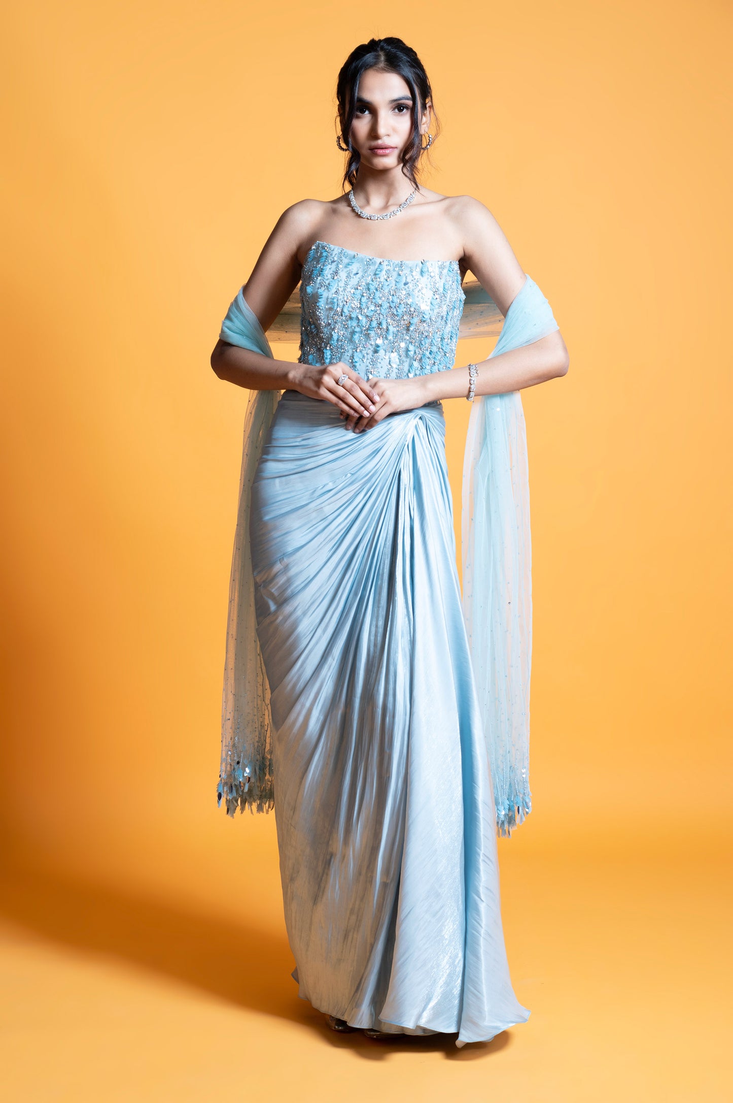Hydrangea Ice Blue Satin Sangeet Gown