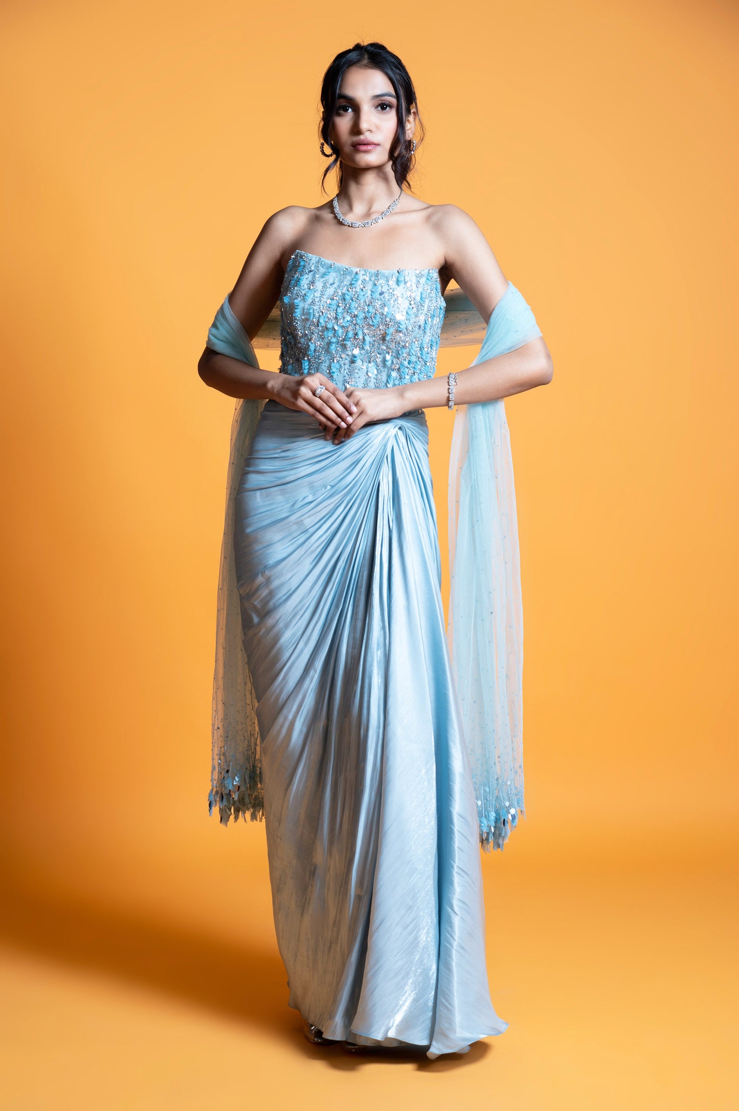 Hydrangea Ice Blue Satin Sangeet Gown