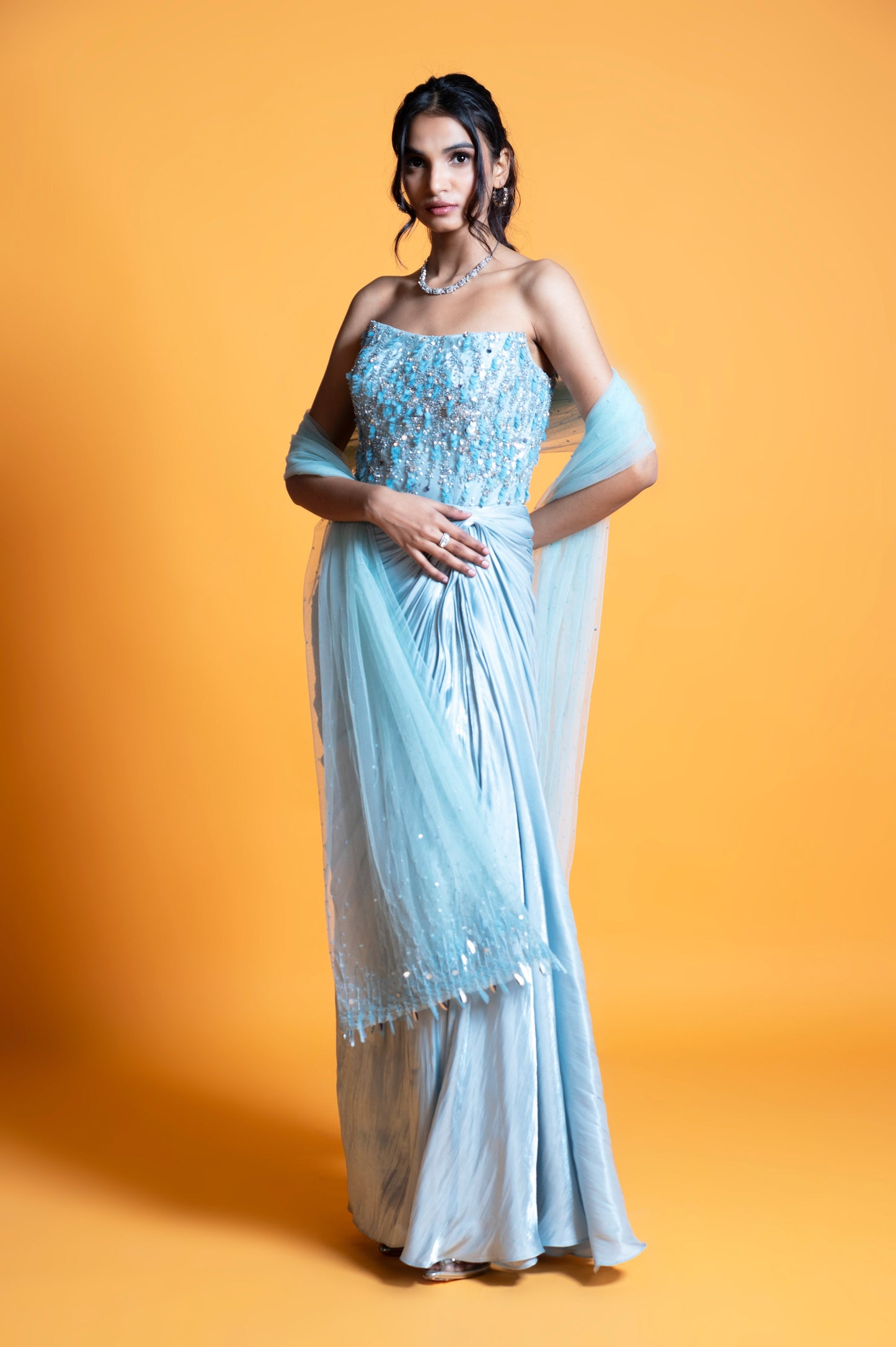 Hydrangea Ice Blue Satin Sangeet Gown