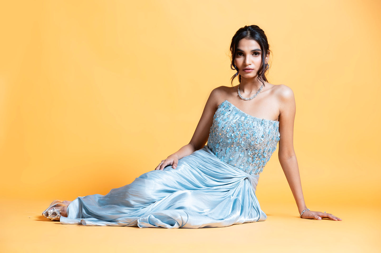 Hydrangea Ice Blue Satin Sangeet Gown