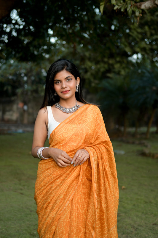 Haldi - Yellow Bagru Natural Dyes Handblock Printed - Chanderi Silk Saree