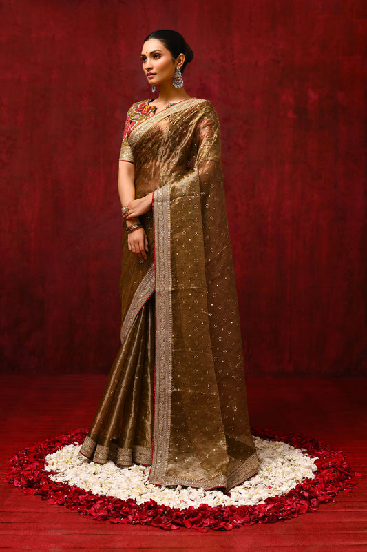 Earthy Gold Tissue Foil Printed Saree