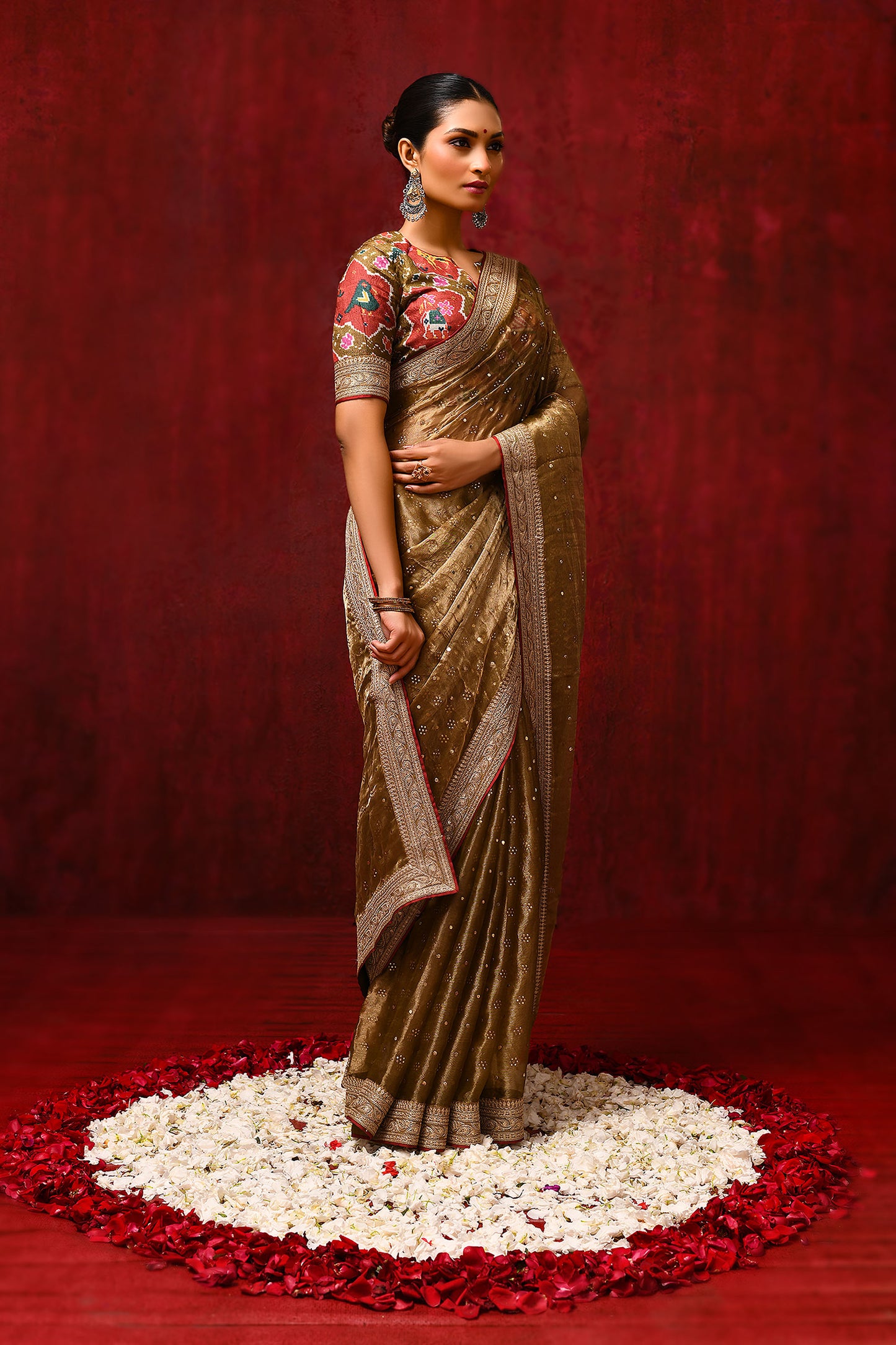 Earthy Gold Tissue Foil Printed Saree