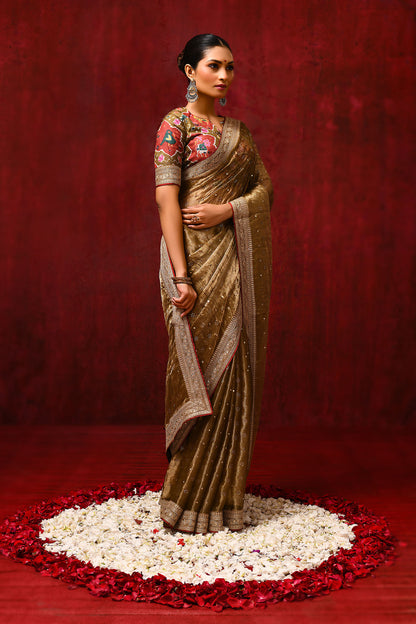 Earthy Gold Tissue Foil Printed Saree