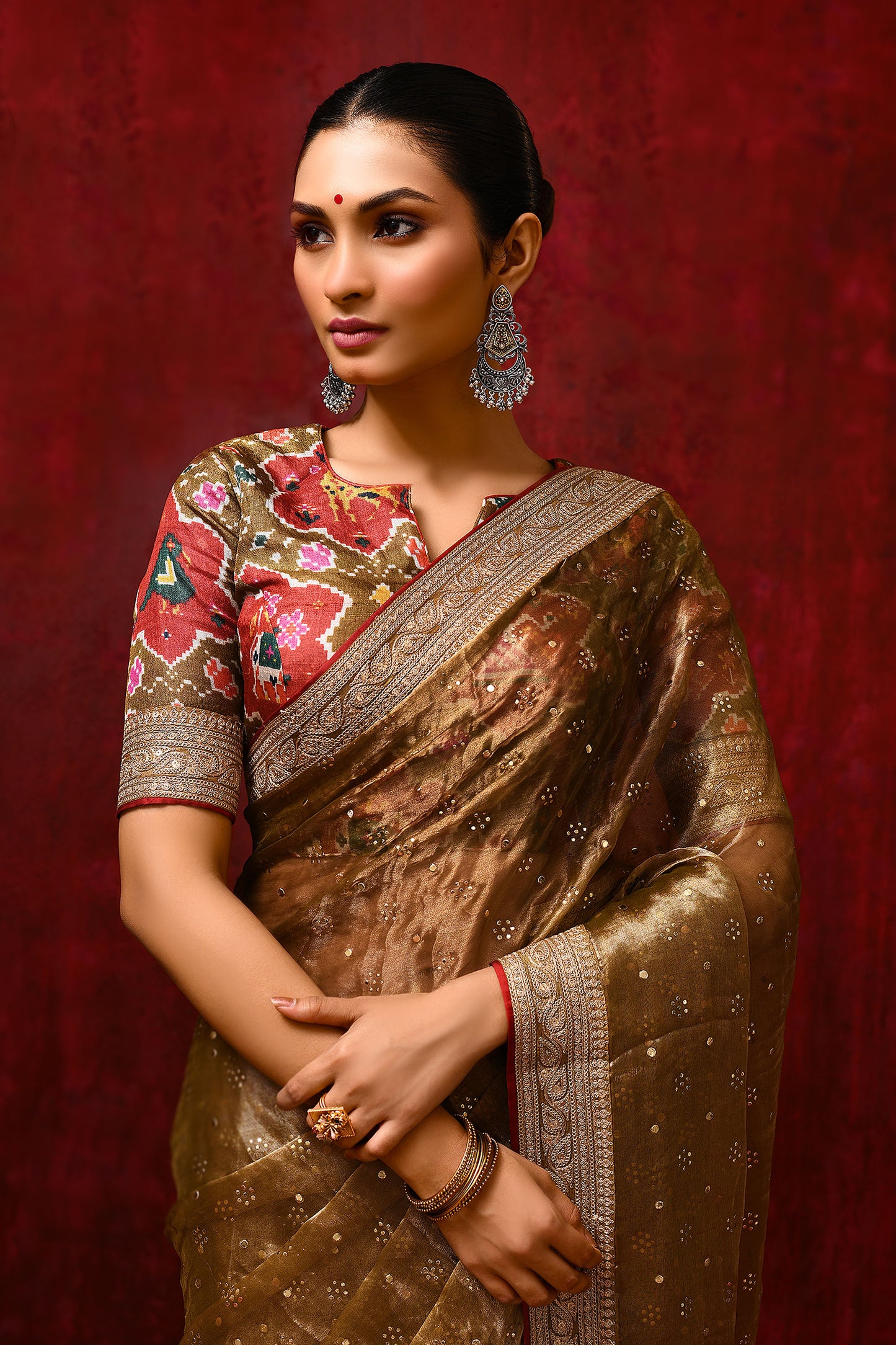 Earthy Gold Tissue Foil Printed Saree