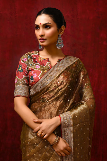 Earthy Gold Tissue Foil Printed Saree