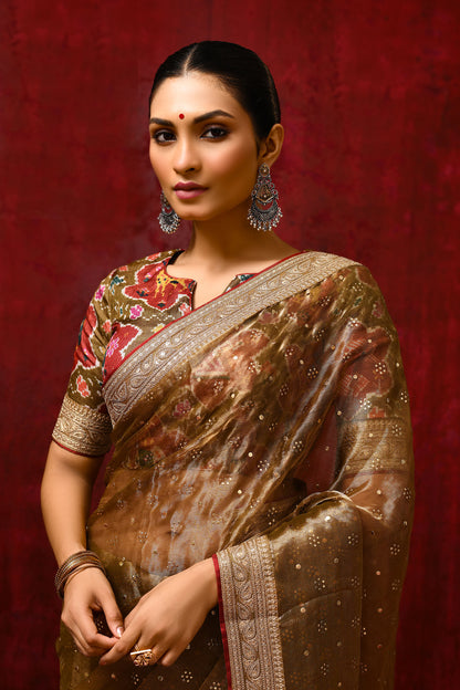 Earthy Gold Tissue Foil Printed Saree
