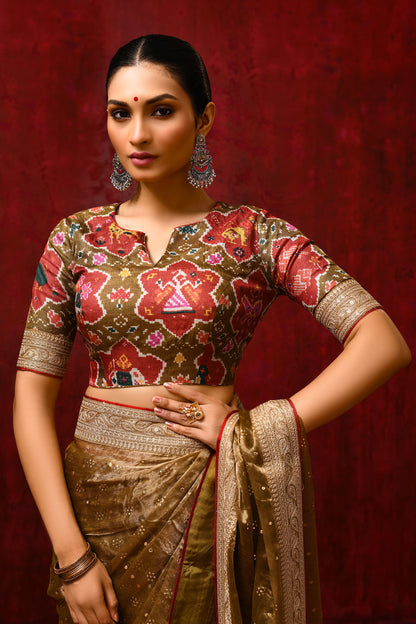 Earthy Gold Tissue Foil Printed Saree
