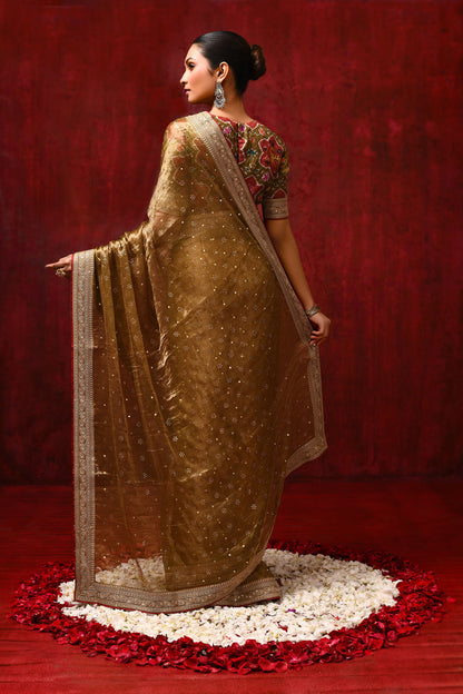 Earthy Gold Tissue Foil Printed Saree
