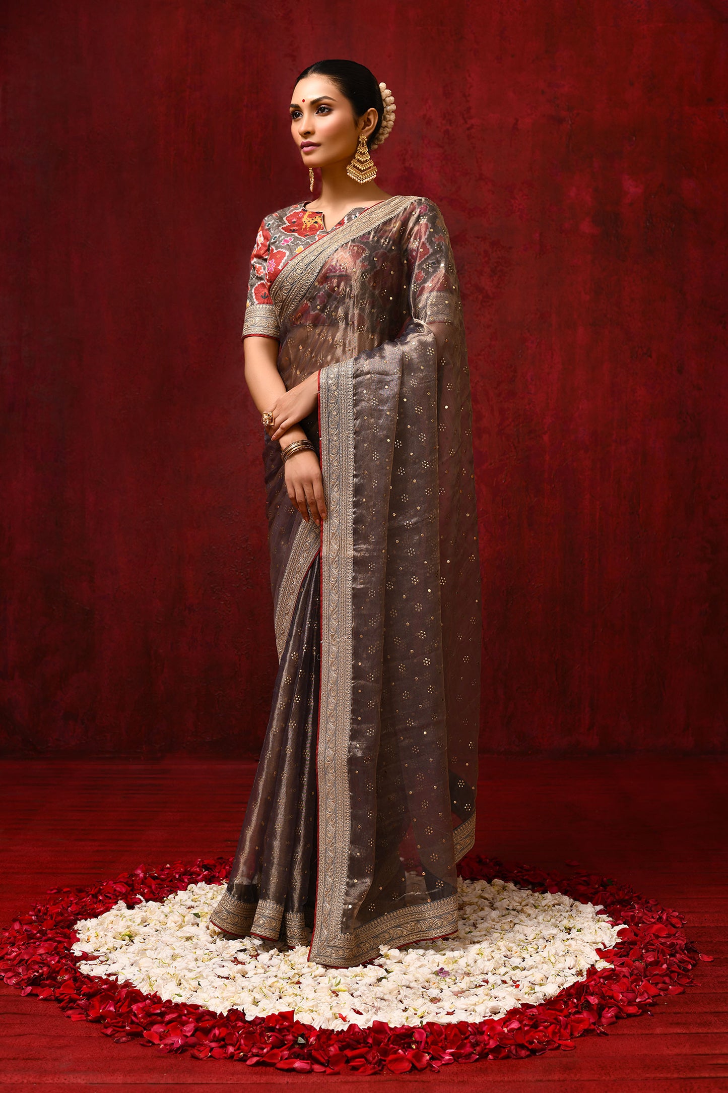Golden Brown Tissue Foil Printed Saree