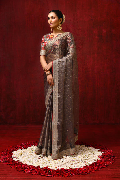 Golden Brown Tissue Foil Printed Saree