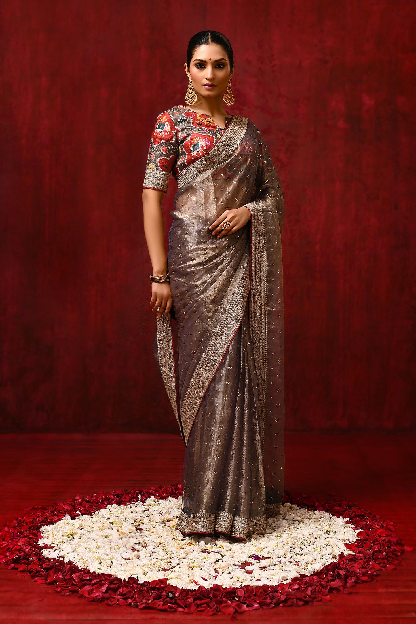 Golden Brown Tissue Foil Printed Saree
