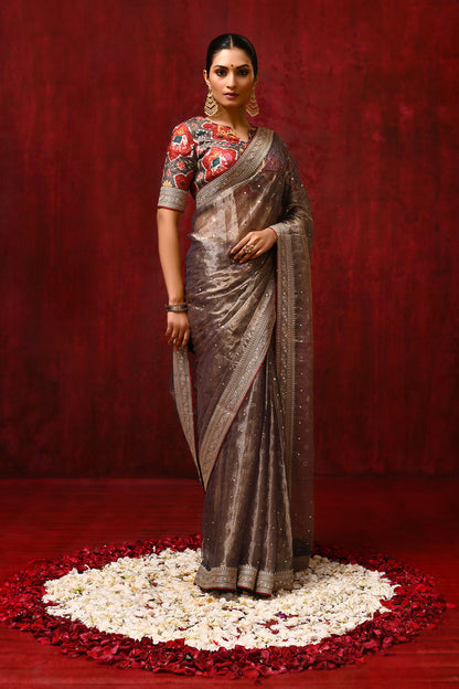 Golden Brown Tissue Foil Printed Saree