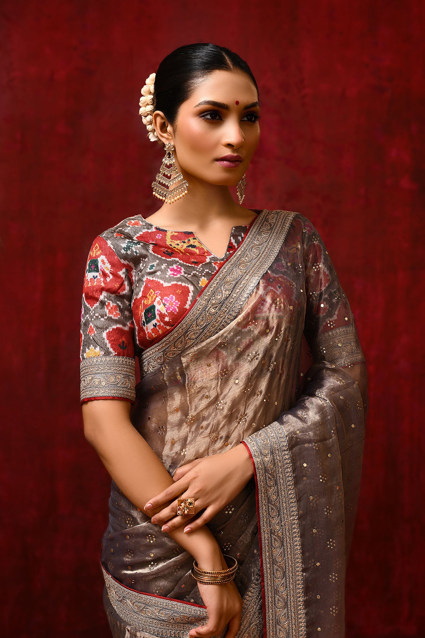 Golden Brown Tissue Foil Printed Saree