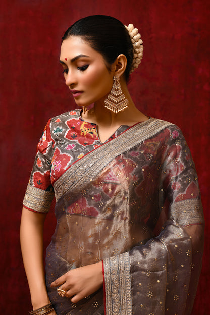 Golden Brown Tissue Foil Printed Saree